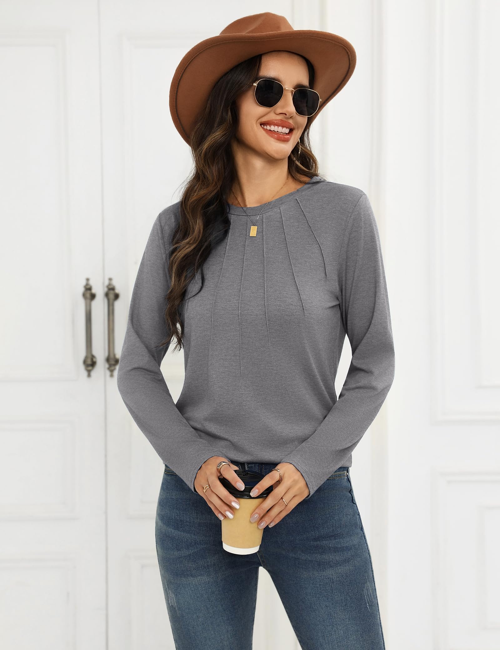 Gyabnw Maglietta Donna Maniche Lunghe Elegante T-Shirt Girocollo Donna Magliette Cotone Donna Moda Camicia Top Casual Tee