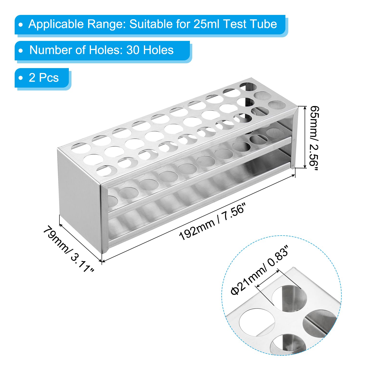 PATIKIL Gradilla Para Tubos Ensayo 30 Agujeros, 2 Piezas Agujero Redondo 0.83"(21mm) Soporte Para Tubos Ensayo Acero Inoxidable 304 Adecuado Para Tubos Ensayo 25ml, Tonos Plateados