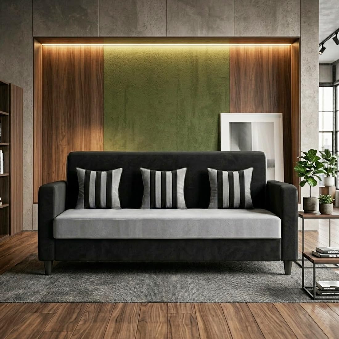 Alvaro Stylewood 3 Seater Velvet Fabric Sofa, Modern Living Room Sofa Set, Space Saving Couch for Home, Office & Apartment - Light Grey & Black-image-11