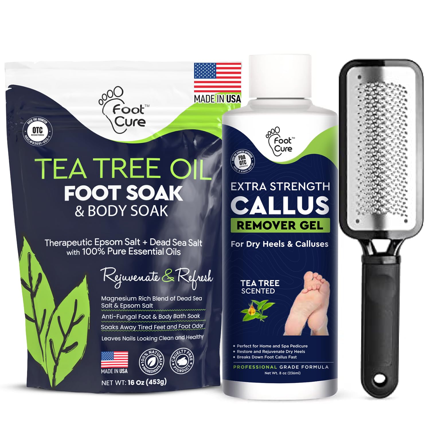FootCure Tea Tree Oil Foot Soak, Callus Remover Gel & Foot File - Pedicure Foot Spa Kit For Cracked Heels, Athlete's Foot, Odor, Callus Remover & Dry Skin - Foot Care For Dry Cracked Feet, Made in USA