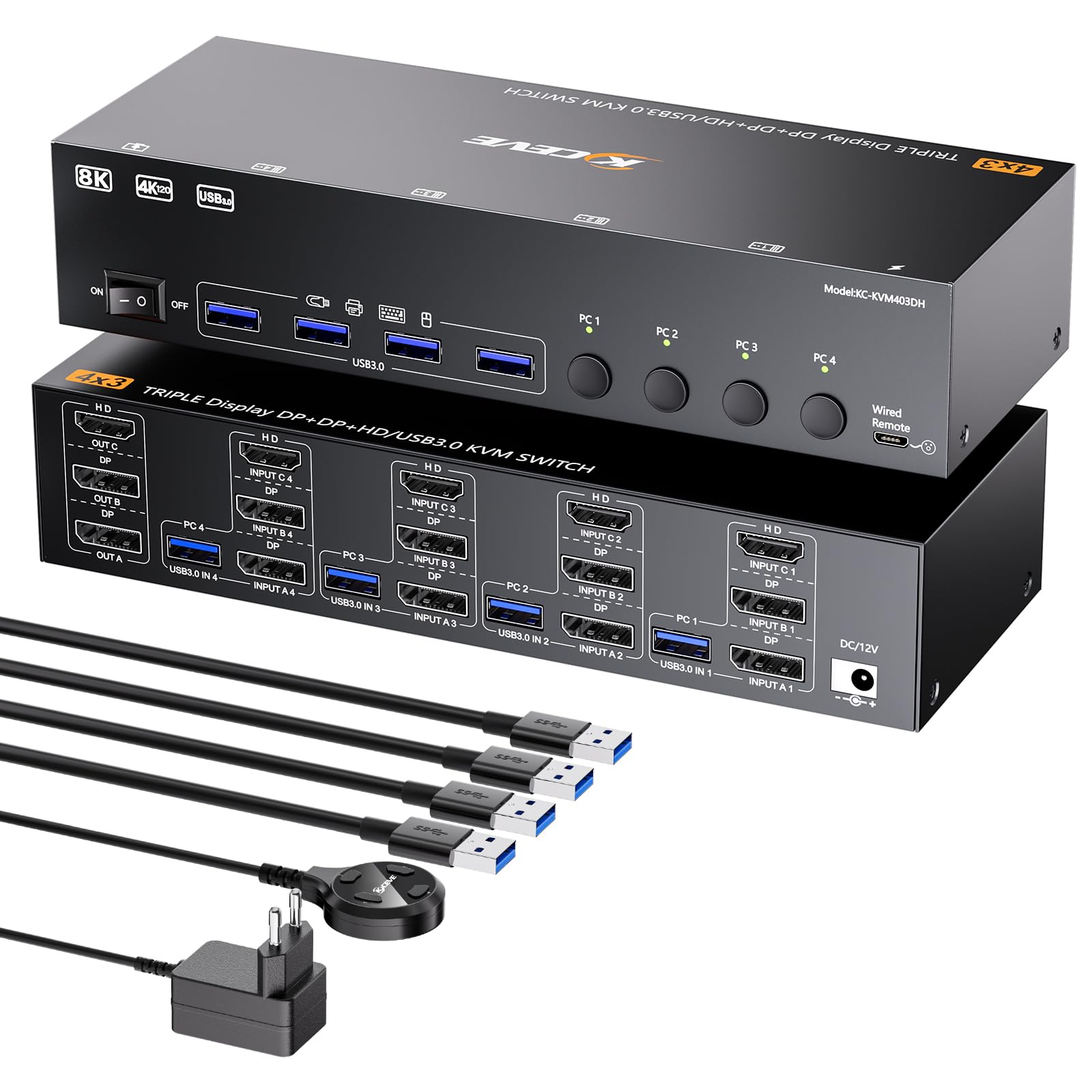 Conmutador KVM 8K@60Hz 4 PC 3 Monitores, HDMI + 2Displayport Conmutadores KVM Triple Monitores para 4 PC que comparten 3 monitores y 4 puertos USB 3.0 fuente