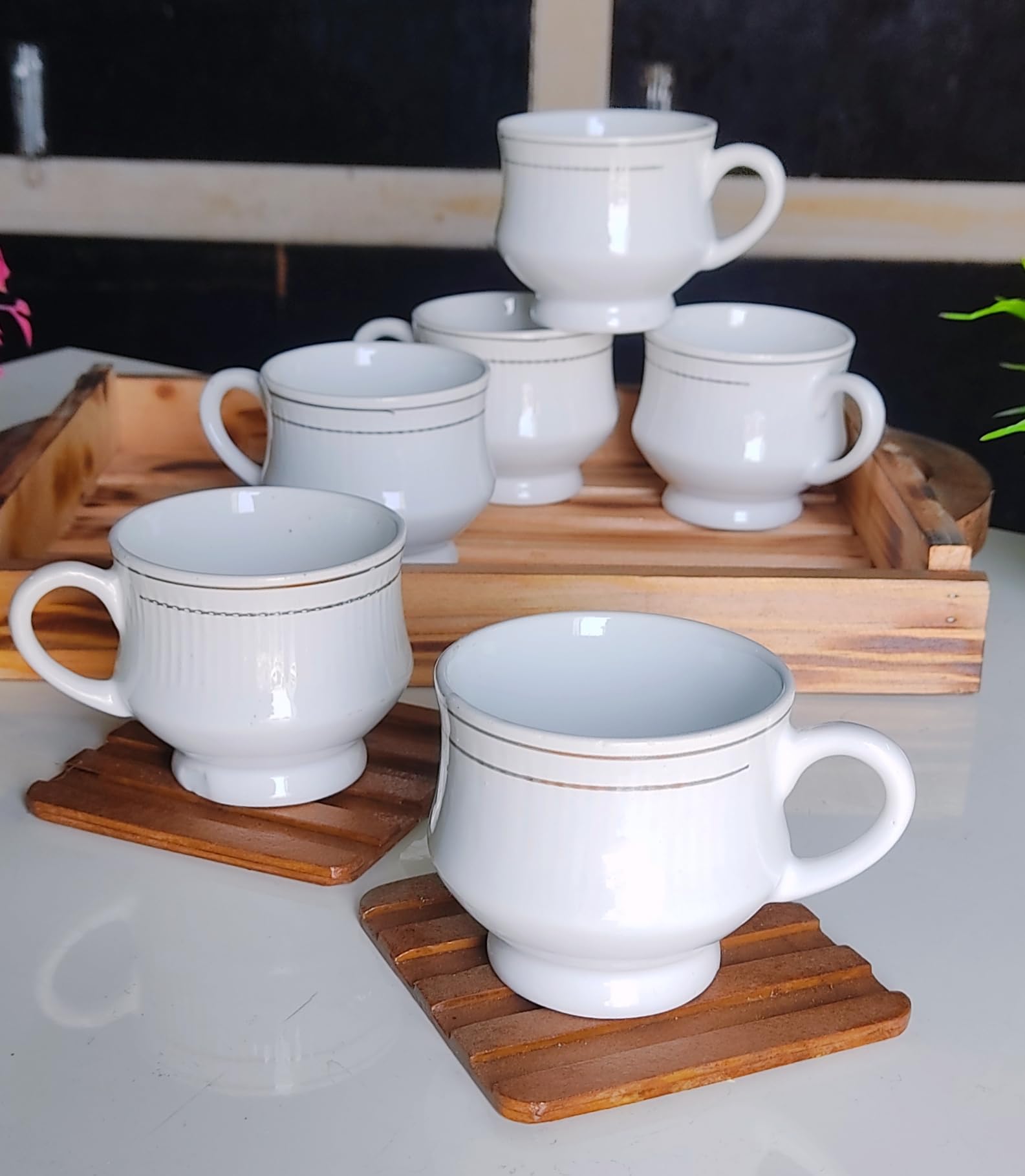 Elegant White Tea Cups with Silver Trim - Set of 6 -2 Elegant White Tea Cups with Silver Trim - Set of 6 -2
