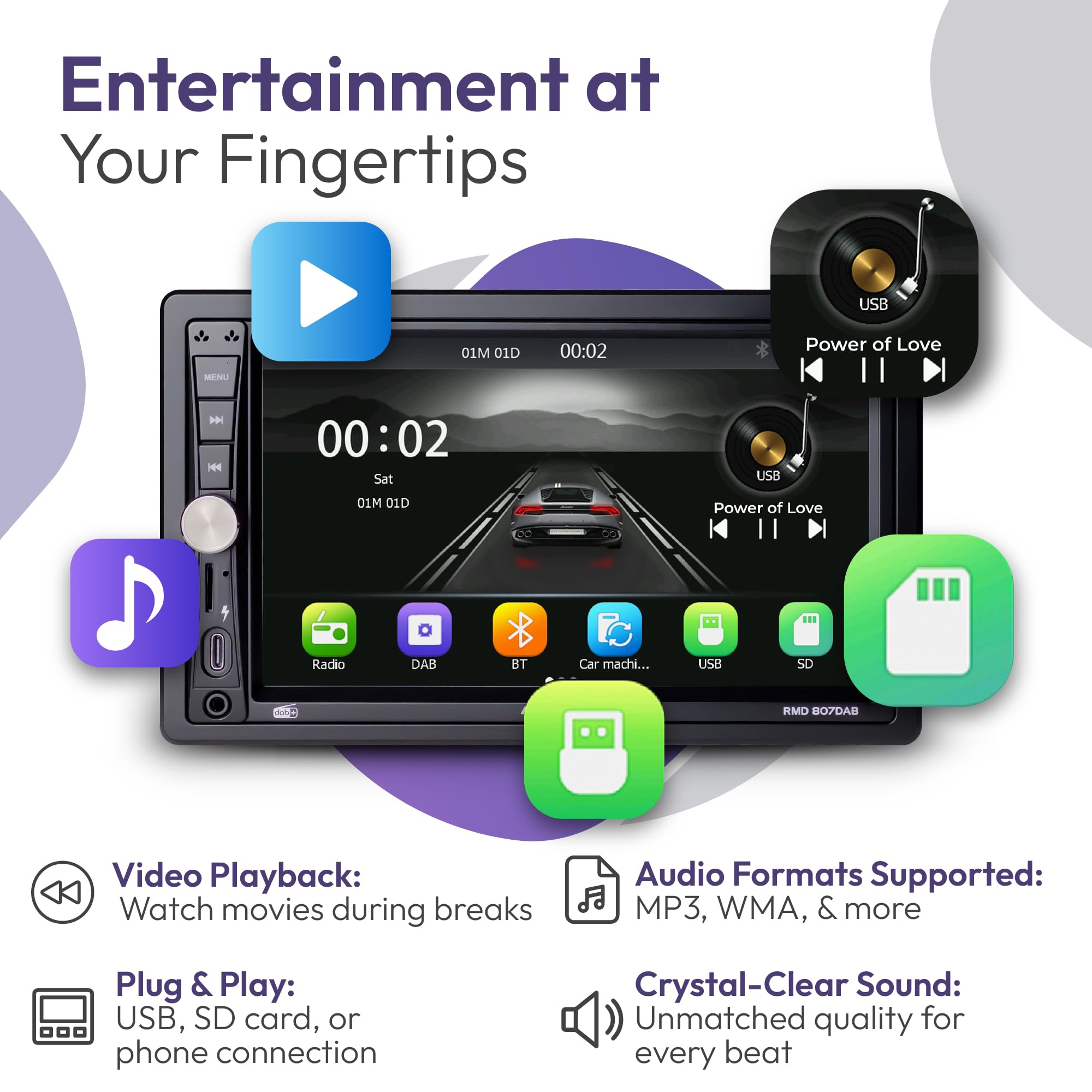 Caliber Radio samochodowe RMD807DAB 2-DIN Dab+ z 7-calowym ekranem dotykowym, Bluetooth, Mirror Link, port USB-C, połączenia głośnomówiące i obsługa kamery cofania