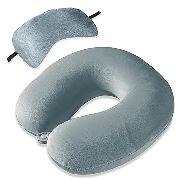 Kuber Industries 2 in 1 Combo Microfiber Travel Neck Pillow for Men & Women with Eye Mask | U-Shaped Neckrest for Travelling | Neck Pillow for Flight Travel, Car & Train | Grey - image, photos