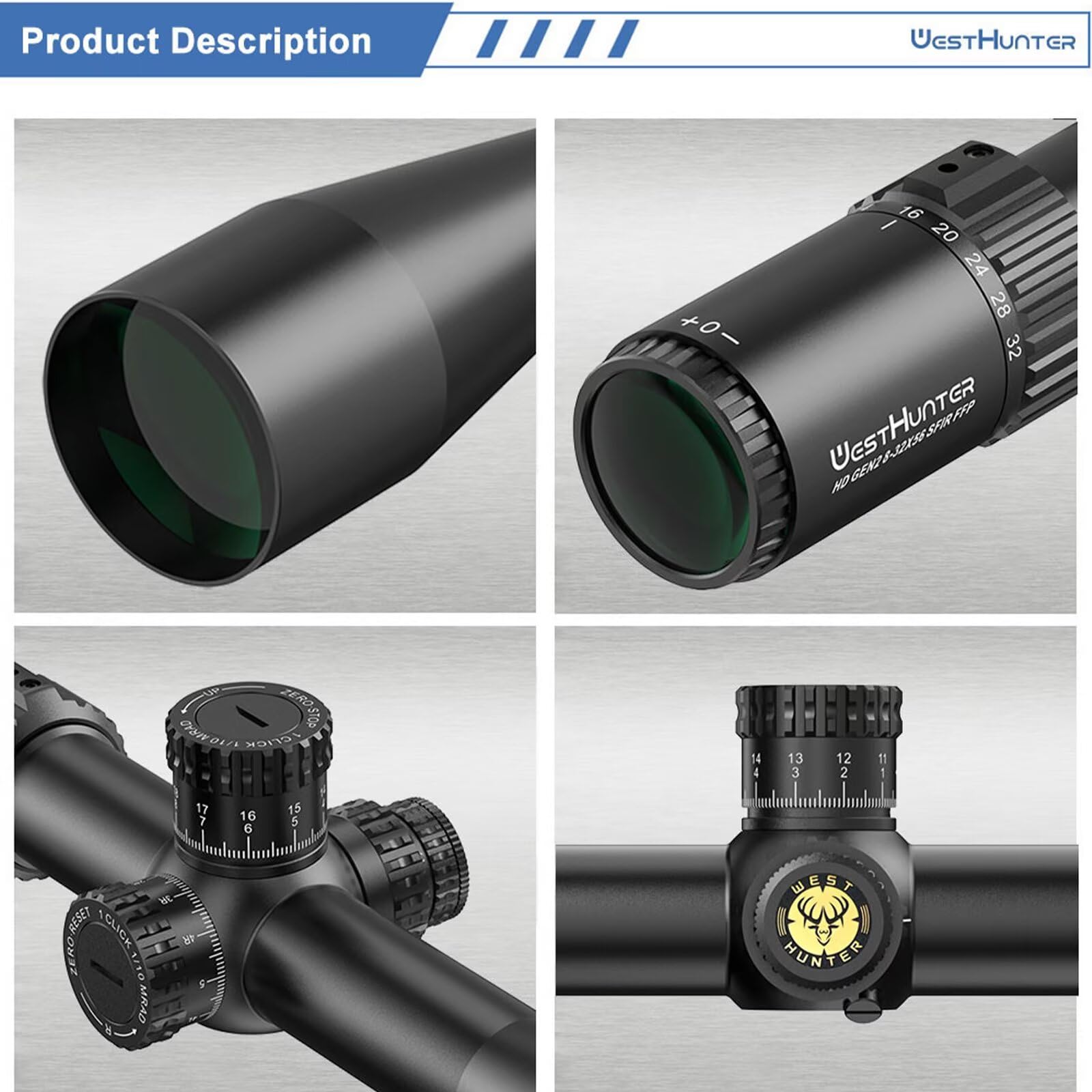 WestHunter HD GEN2 8-32x56 FFP Mira Telescópica de Precisión, Tubo 34mm, Cristal Grabado, 1/10 MIL, Zero Stop - Indicada Únicamente para Actividades Deportivas