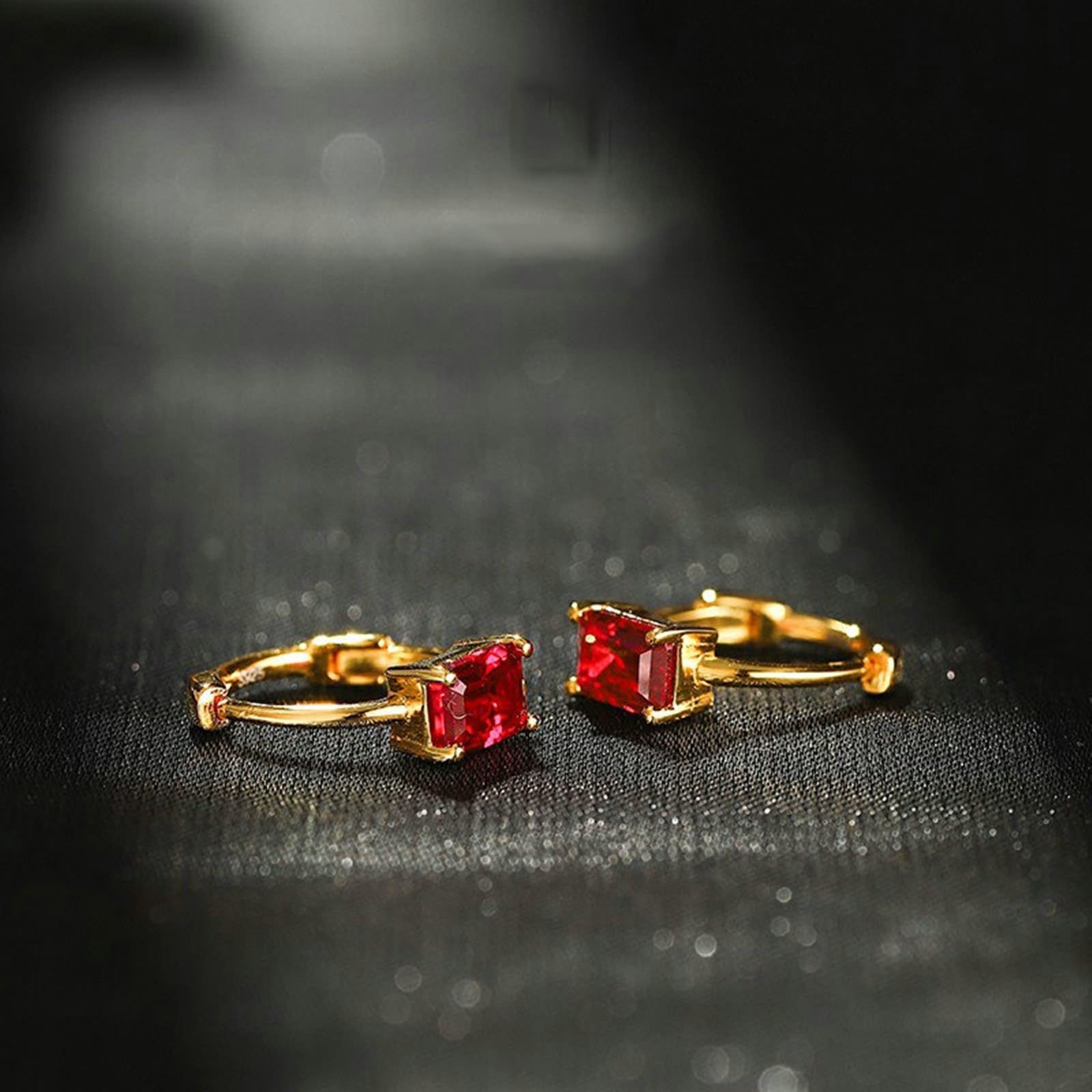 Epinki Prawdziwa biżuteria Creole Hoop żółte złoto 375, kolczyki damskie z laboratorium Rubin 1,4 ct (szlif bagietki, czerwony), kolczyki sztyfty bezniklowe 9K złoto
