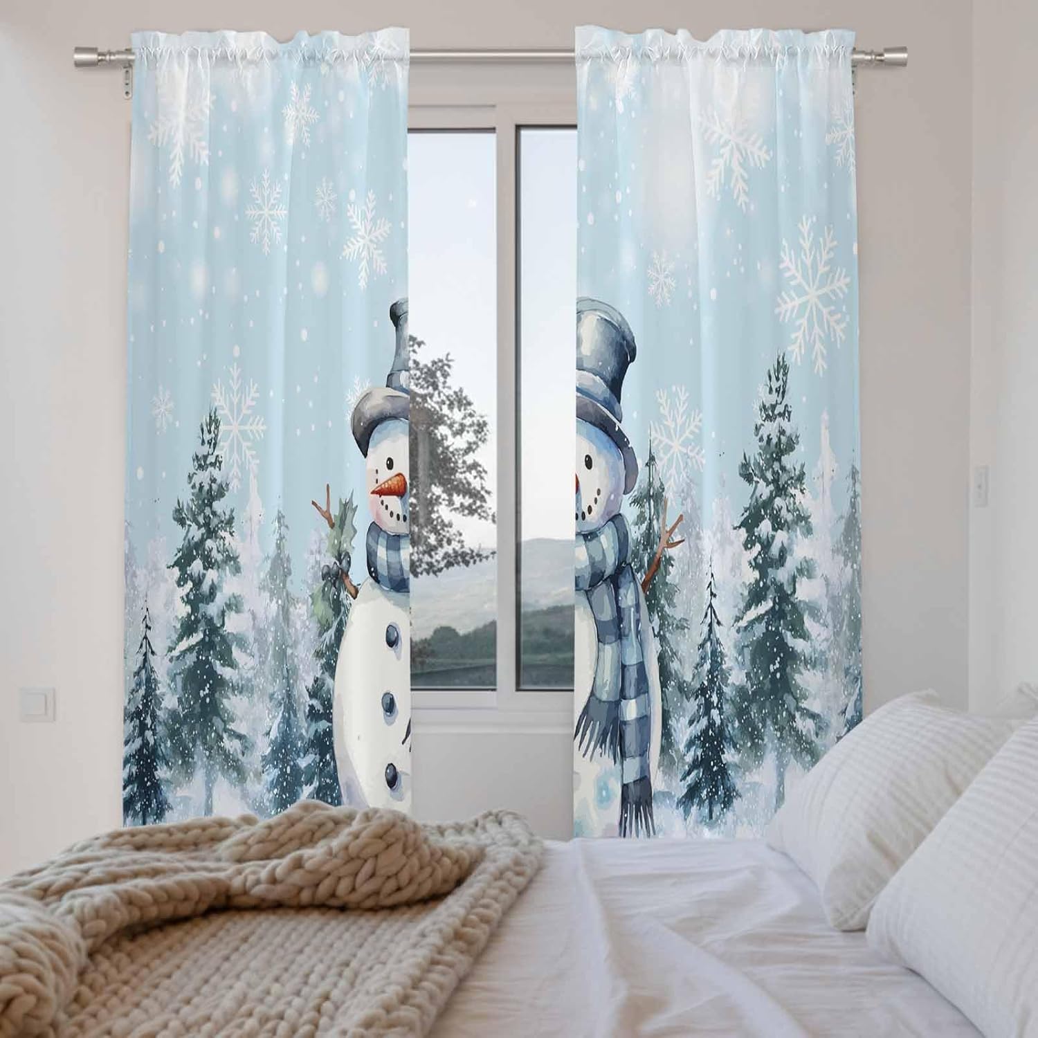 Christmas Snowman Window Curtains 72 Inch Long 2 Panel Set, Rod Pocket Long Curtains & Drapes, Xmas Trees Winter Blue Snowflake Light Filtering Window Treatment for Bedroom Living Room 52"W x 72"L