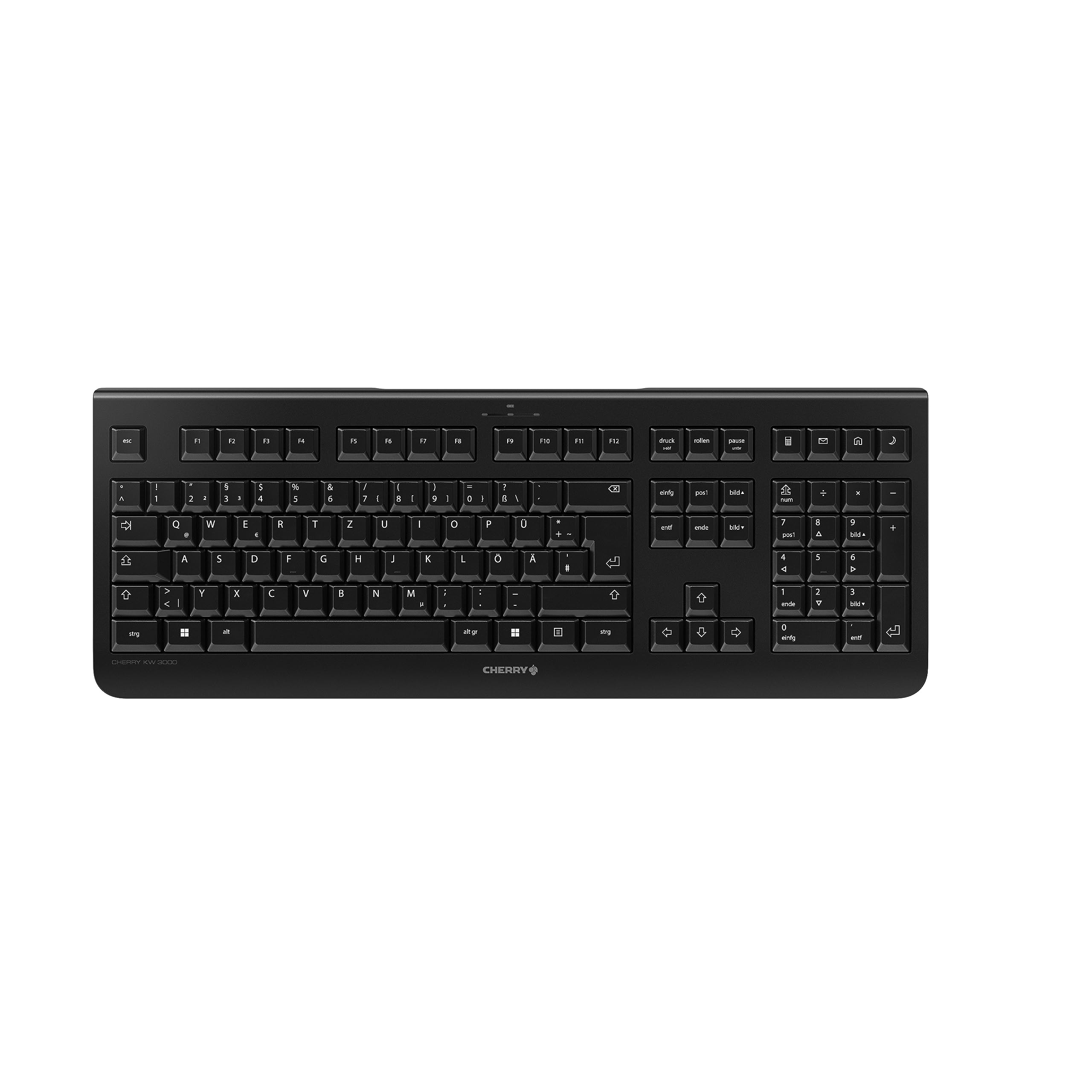 CherryKW 3000 Wireless Keyboard with Numeric Keypad, Germany Layout (QWERTZ), Wireless 2.4 GHz, Silent Keys, Flat Design, Battery Powered, Black