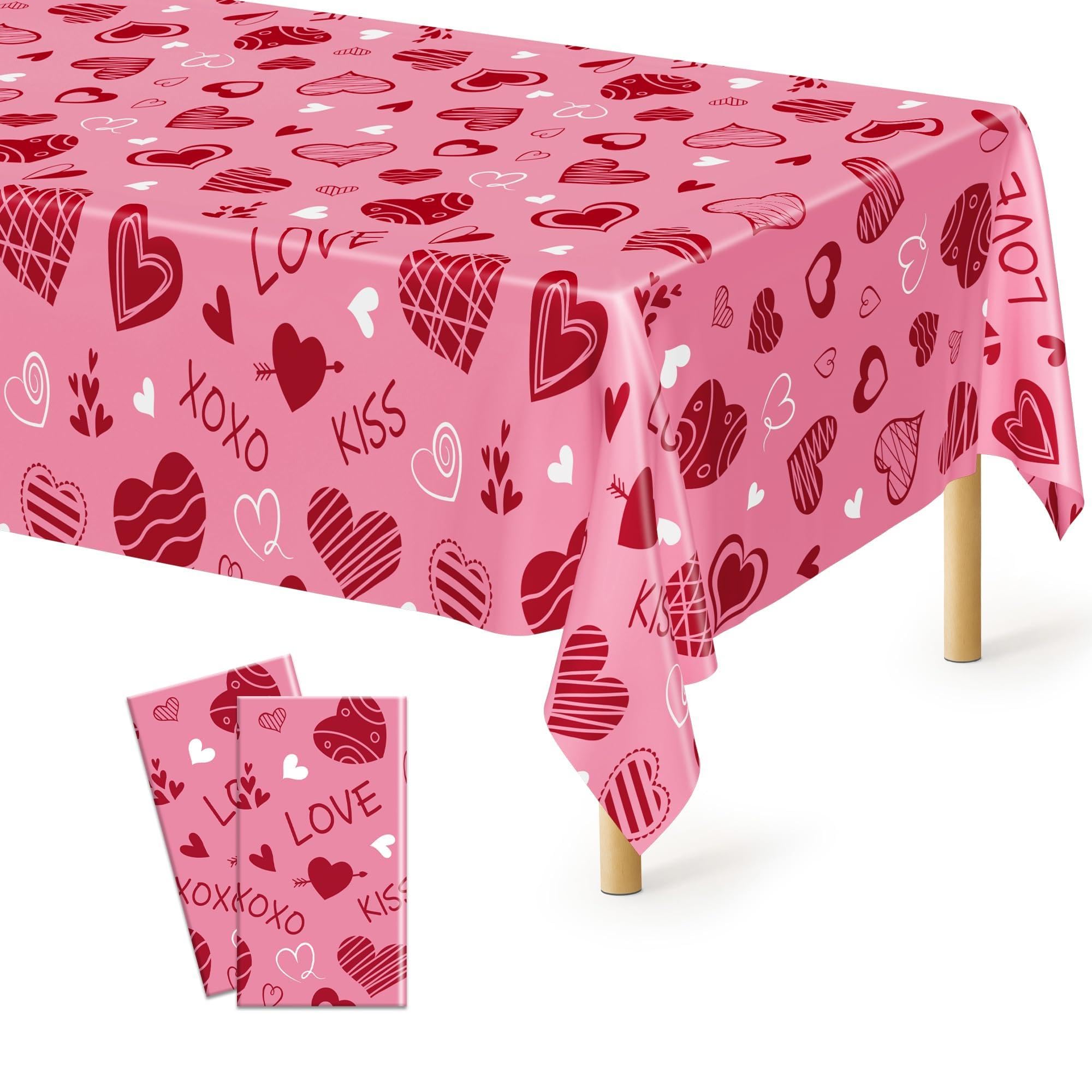 2 Pack Valentines Tablecloth, Disposable Romantic Love Tablecloths, 54 X 108 Plastic Valentines Decorations, Red Pink Galentines Decorations, Heart-shaped Table Cloths for Love Engagement Party