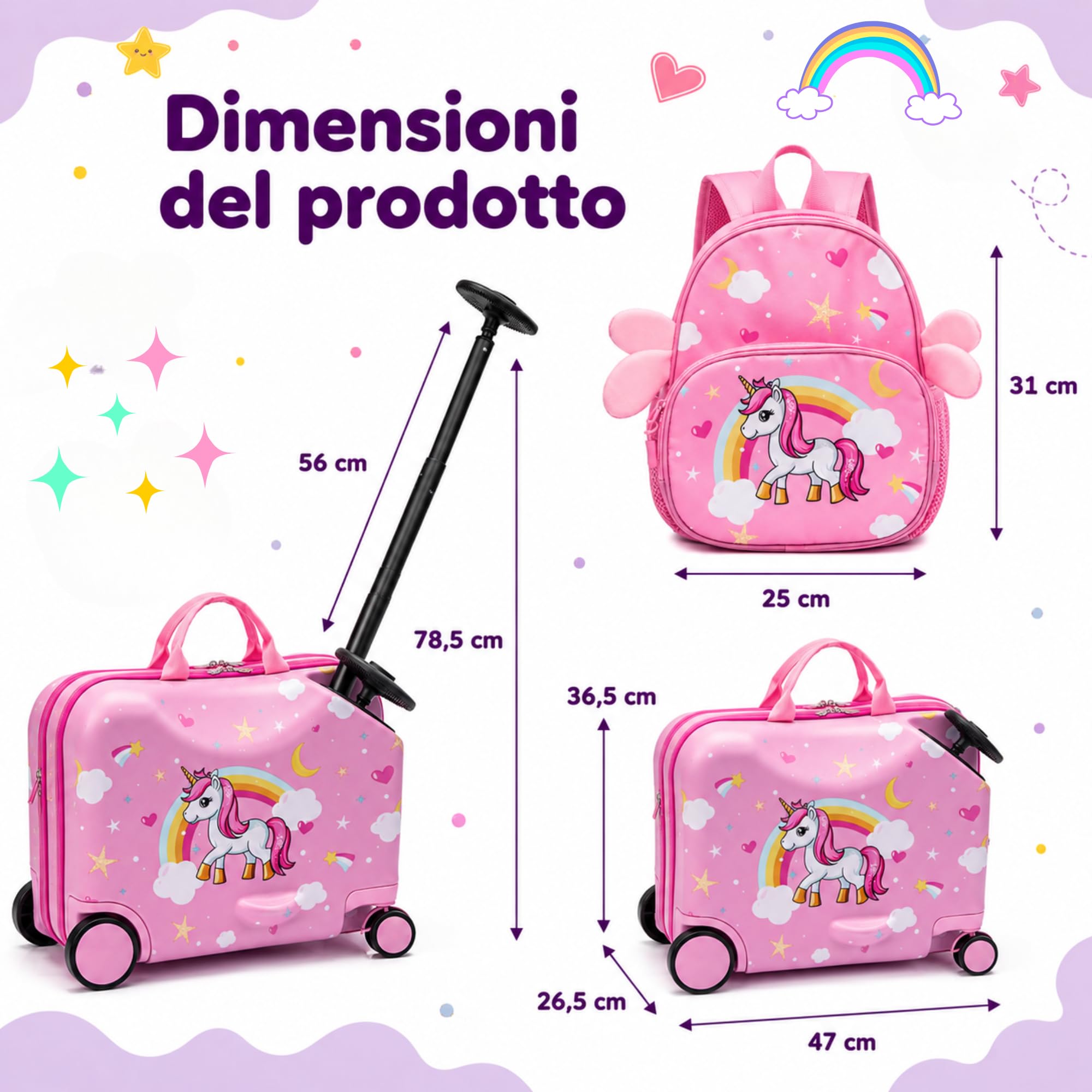 Valigia Cavalcabile per Bambini 2 in 1 con Zainetto Bagaglio a Mano Rigido 47x26x36 cm Trolley Ruote Spinner 360 Asta Telescopica Cinghia Traino Fantasia Unicorno