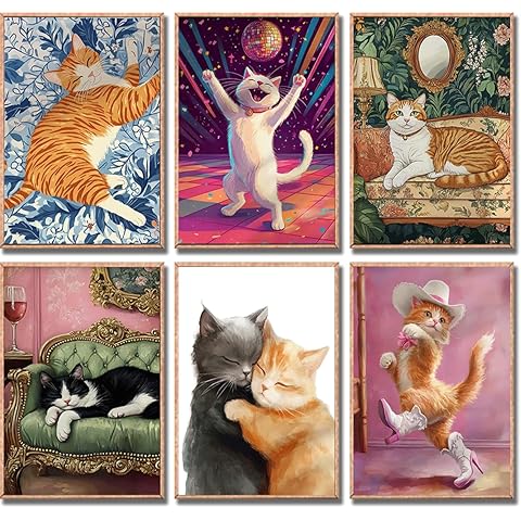 OGVXCJ A 6Pcs Funny Cat Wall Art Prints Cute Orange Tabby Cat Painting Pictures Wall Decor Eclectic Funky Animal Posters for Bedroom Dorm Home Decoration Unframed 8x10in