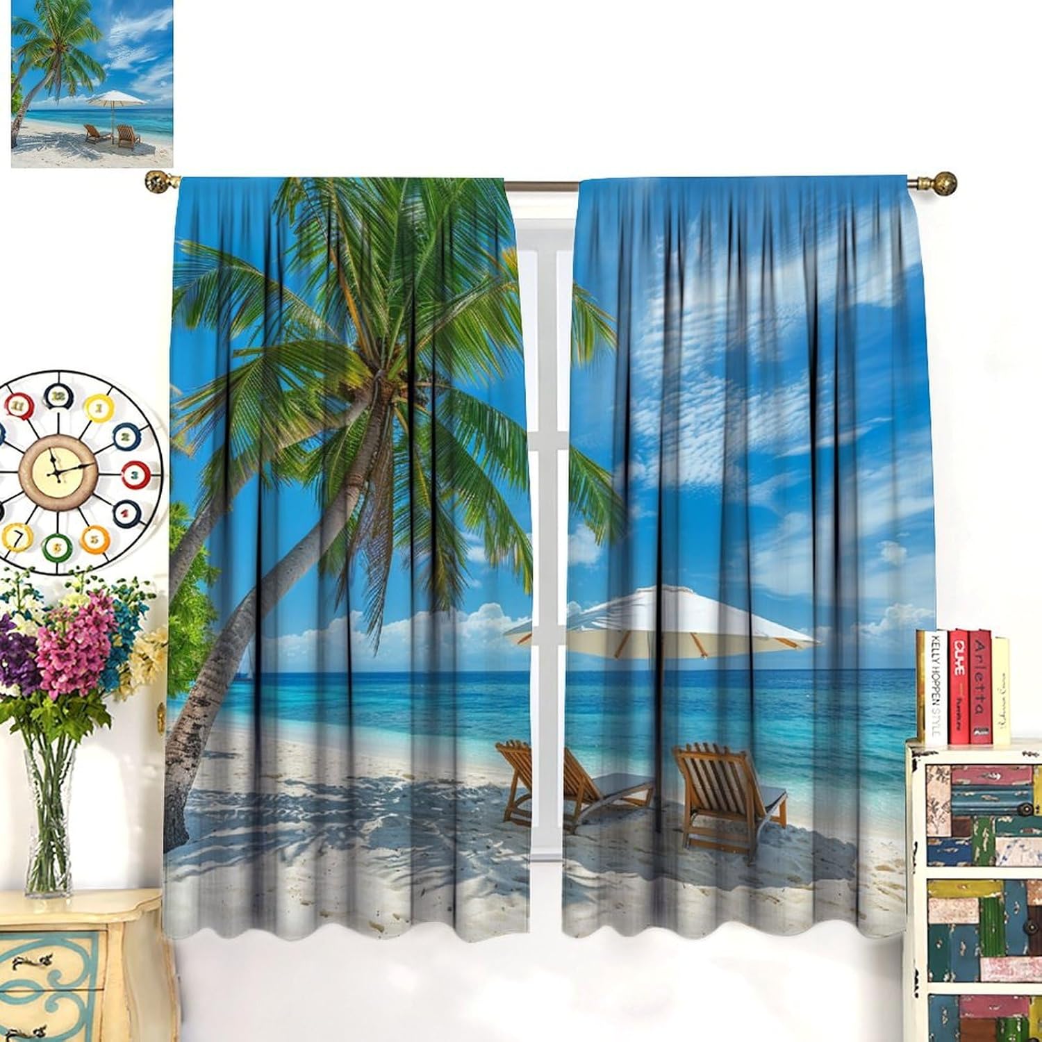 Fine Coastal Beach Blue Blackout Curtains for Living Room Bedroom, Palm Tree Ocean Sea Window Curtains Rod Pocket Thermal Insulated Window Drapes， 2 Panels, Each 21" W x 45" L