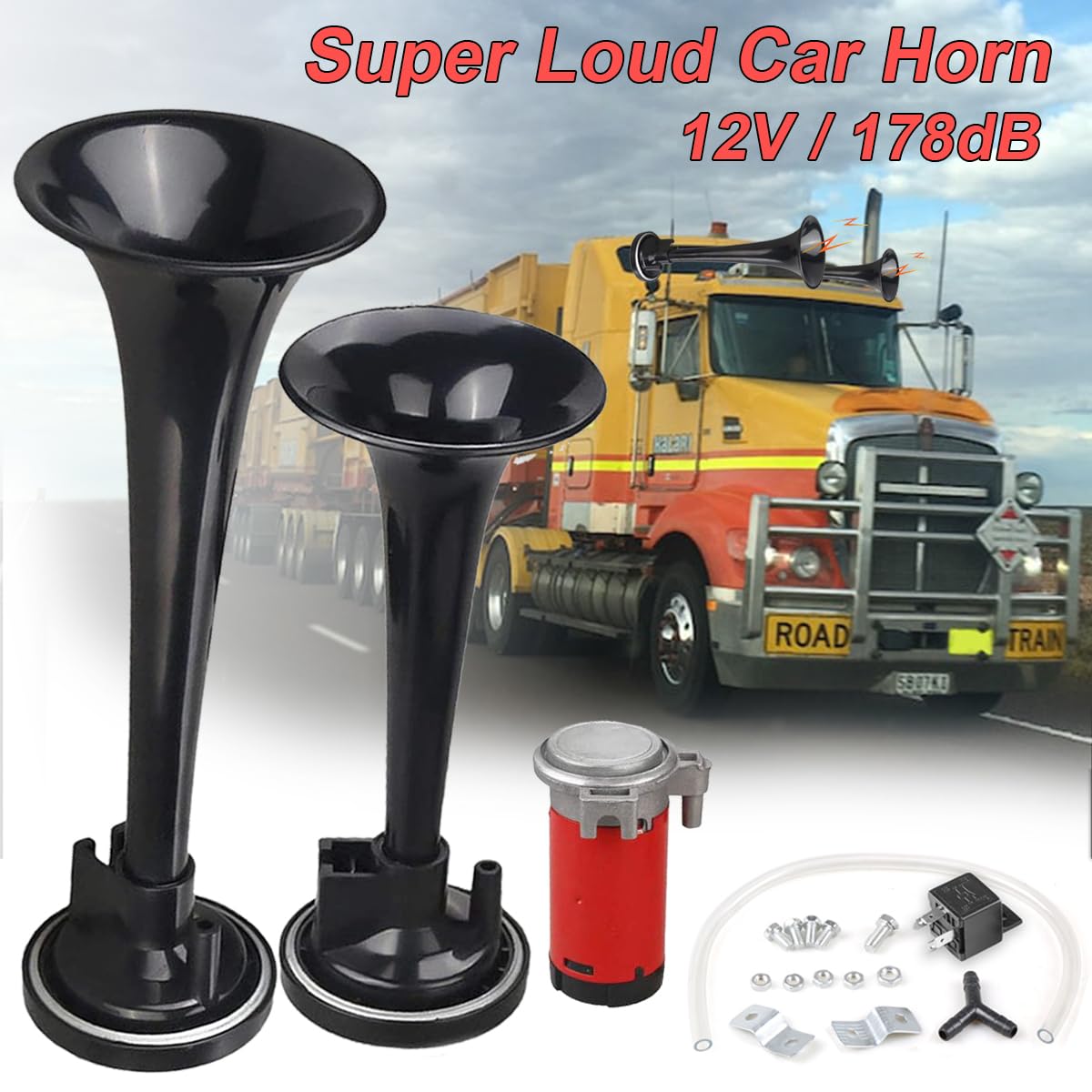 Clacson universale da 12 V con kit compressore Clacson a doppio tono da 12 V 178 dB per camion, autocarri, treni, barche, auto, mot