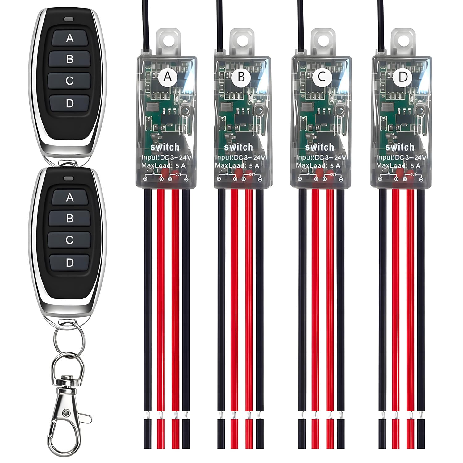 Mini Remote Switch 12V,5V/12V/24V/5A Relay Wireless Light Switch 4 Way 1 Channel,164FT Long Range for Ceiling Lights, Led Strip,Light Bar,Fan.(4Receiver)