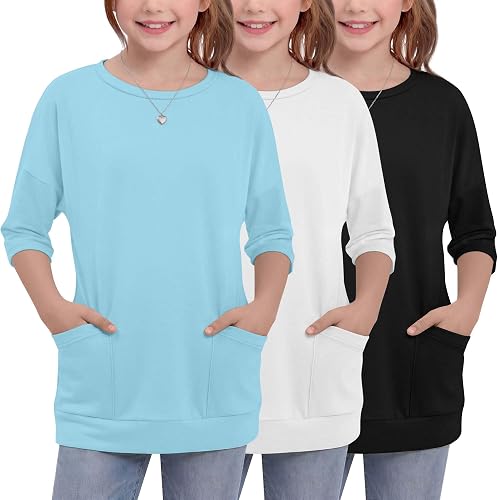 Mumucove 3 Pack Girls 3/4 Sleeve T Shirts, 3-Color, 13-14 Years