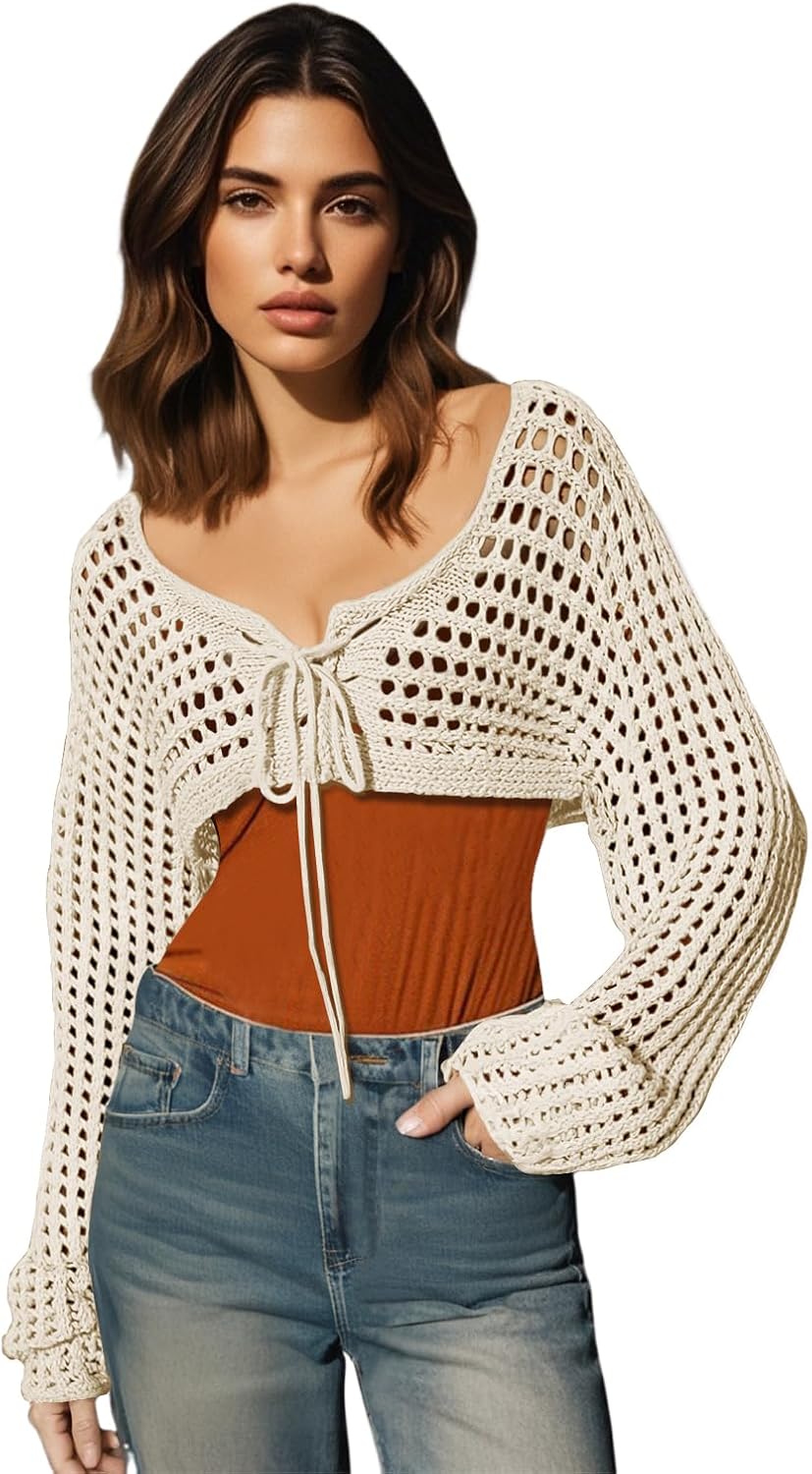 Womens Long Sleeve Crochet Shrug Tie Front Cropped Cardigan Sweaters Knit Bolero Outwear Tops