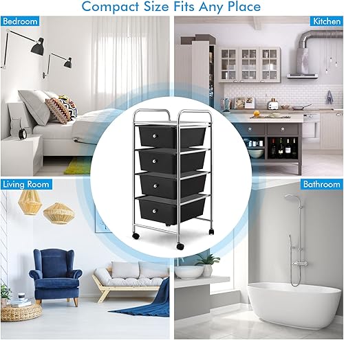 Miniatura 8 de GOFLAME Carrito de almacenamiento con ruedas de 4 cajones, carrito organizador móvil multiusos, carrito de utilidad para la oficina en casa y la