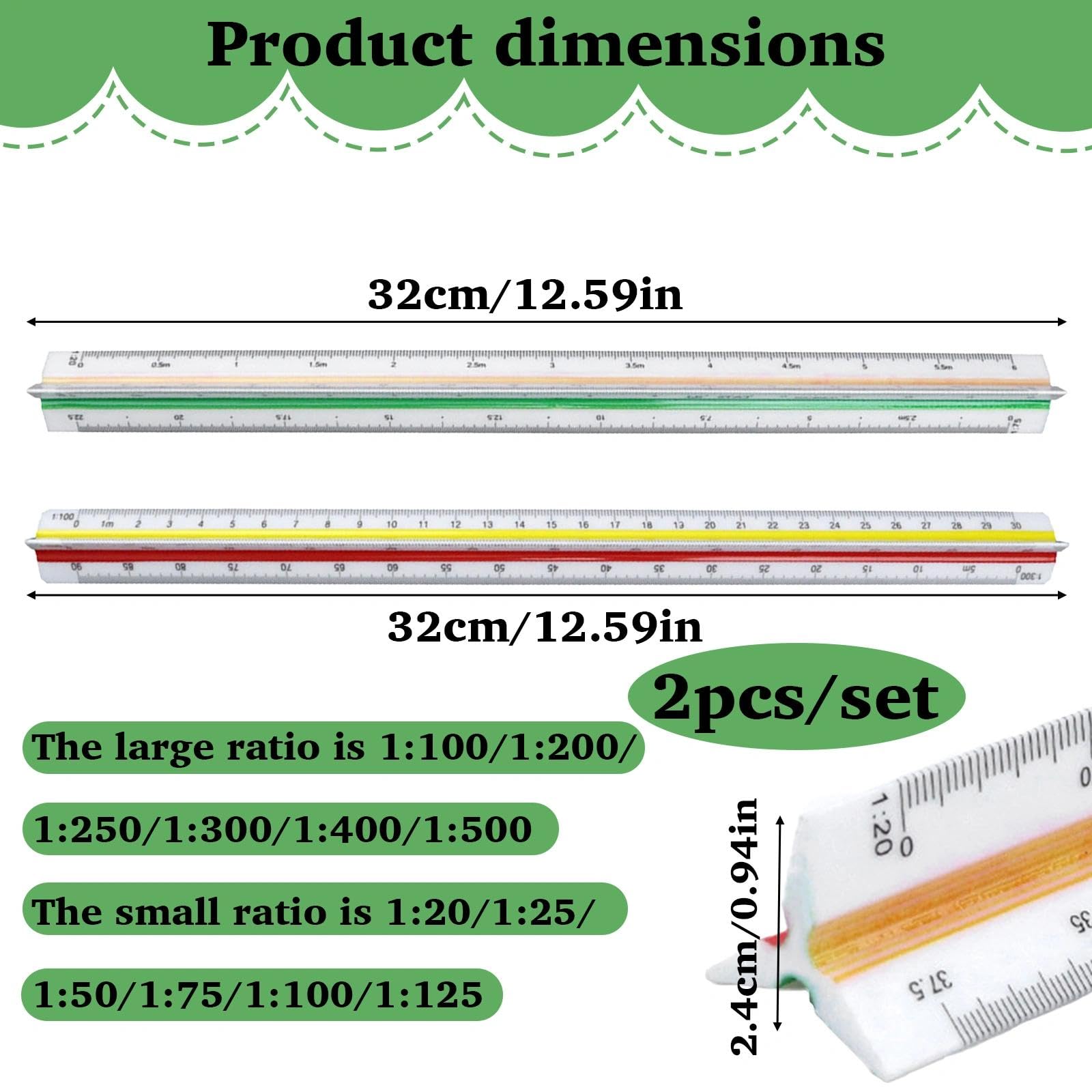 Profesional 2 Piezas Escalímetro de Precisión 30 cm Regla Métrica Triangular para Arquitectos Ingenieros1:20 1:25 1:50 1:75 1:100 1:125/1:100 1:200 1:250 1:300 1:400 1:500 (PVC)
