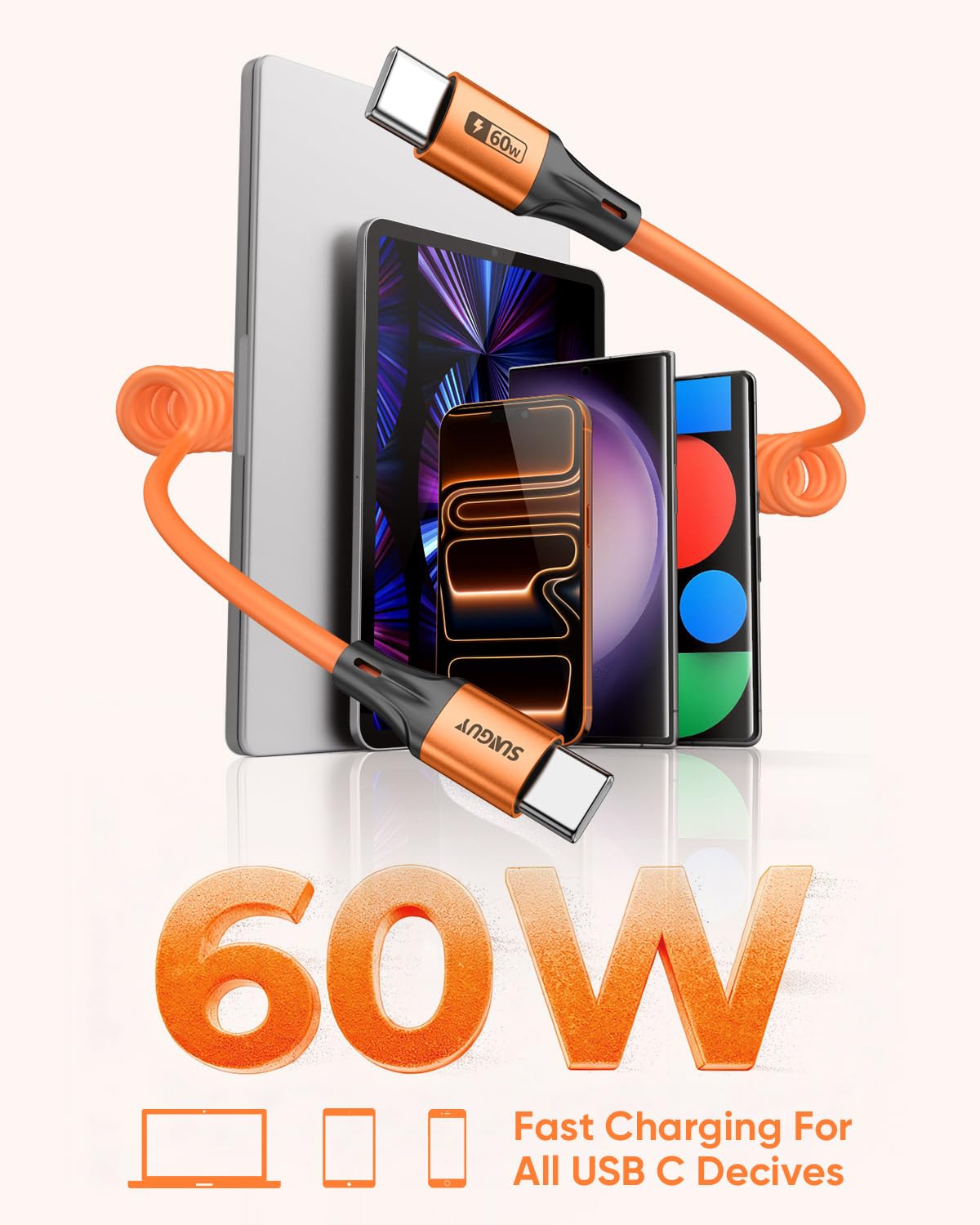 SUNGUY Cavo a spirale da USB C a USB C, 1,5 m【0,4 m-1 m】 Cavo di ricarica da 60 W per Android Auto, iPhone 17 16 15 Pro Max, Galaxy S24/S23, Google Pixel, iPad Pro, MacBook (arancione)