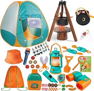 Qtioucp Kids Camping Set 50pcs with Tent & Space Projector Flashlight- Outdoor Campfire Toy Set for Toddlers Kids - Pretend Play Camp Gear Tools for Birthday Christmas