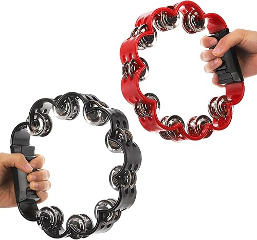 Miniatura 3 de Okllen Paquete de 4 panderetas de percusión de mano de doble fila, jingles de metal, campanas de pandereta, instrumento musical para adultos,