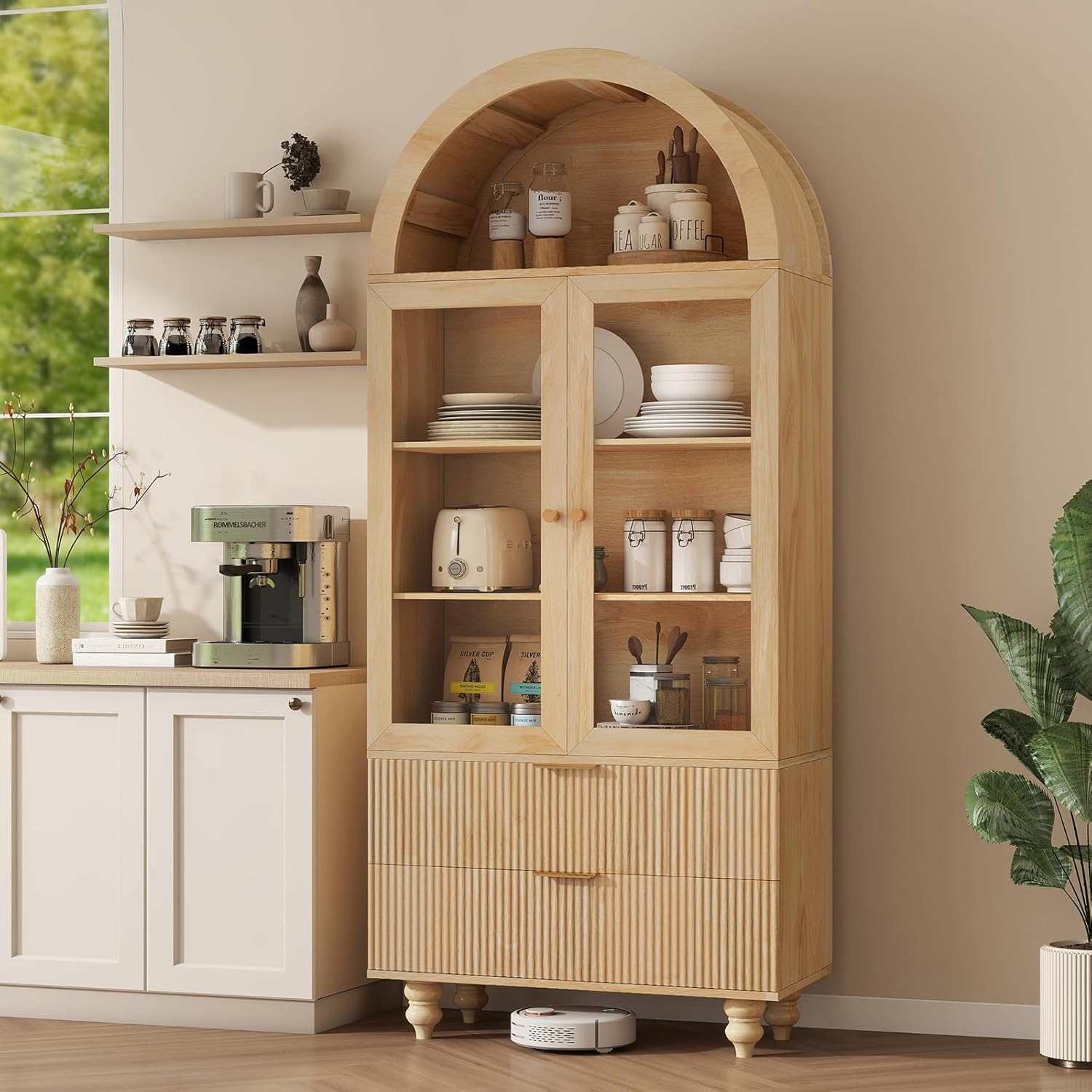 71" Tall Arched Pantry Cabinet With Glass Door, Fluted Kitchen Storage Cabinets with Shelves and Large Drawers, Wooden Buffet Cabinet Credenza for Living Room, Entryway, Coffee Station, Natrual Oak