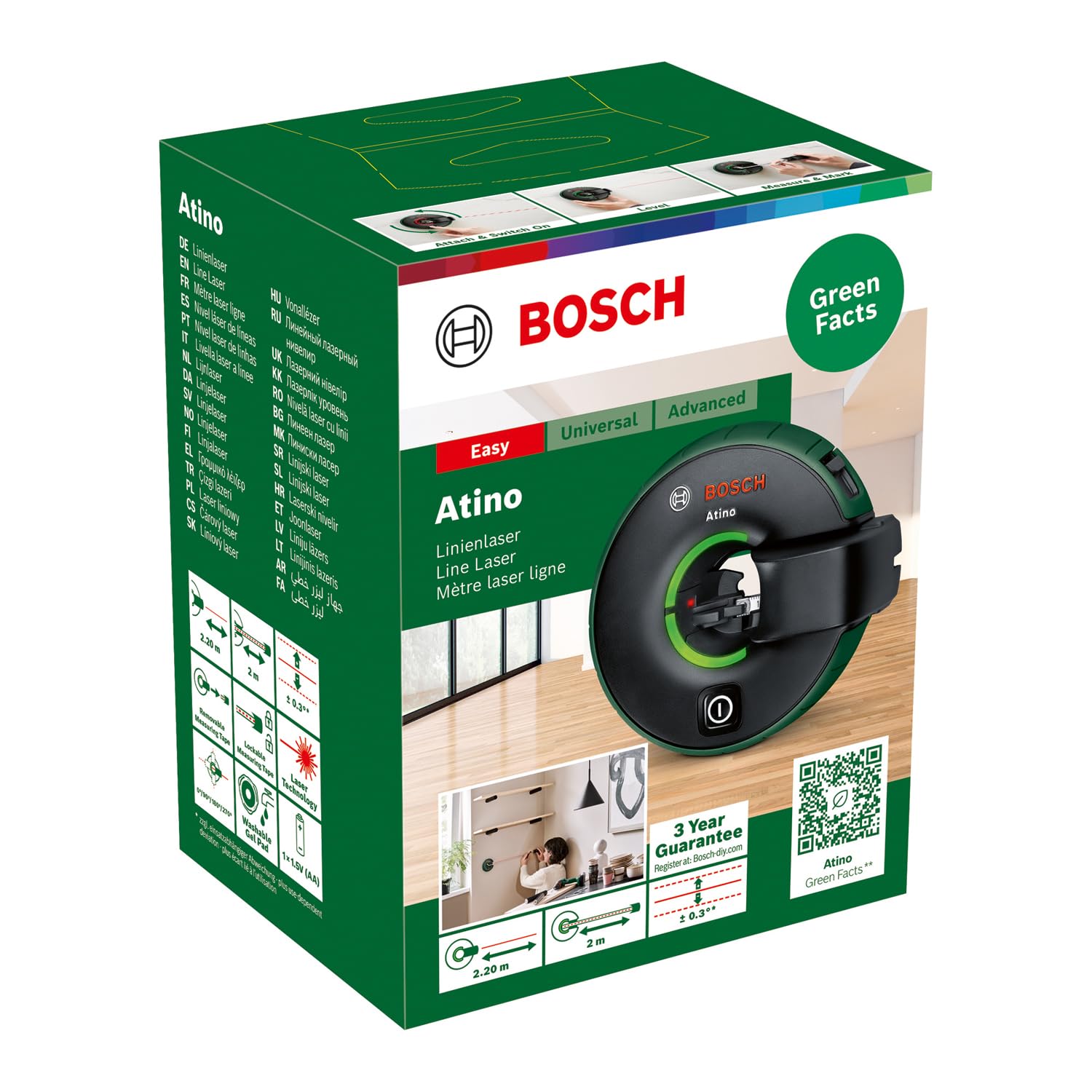 Bosch Nivel Láser de líneas 2 en 1 Atino 2.ª gen. con cinta métrica extraíble y bloqueable (alineación horizontal o vertical gracias al acoplamiento sencillo en superficies blandas y duras, en caja)
