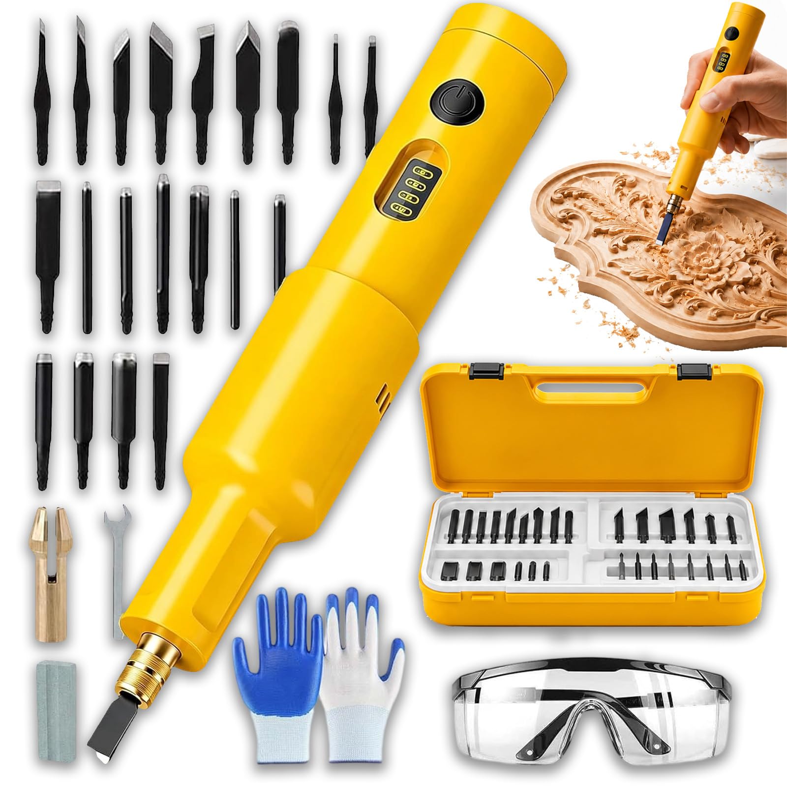 40 W Elektrisches Holzschnitzwerkzeug, 28.000 U/min USB-aufladbarer Elektromeißel, wahlweise 5/10/20 Schnitzköpfe für Skulpturen, Wurzelschnitzerei, Möbelreparatur und DIY-Holzarbeiten (20-Blades)