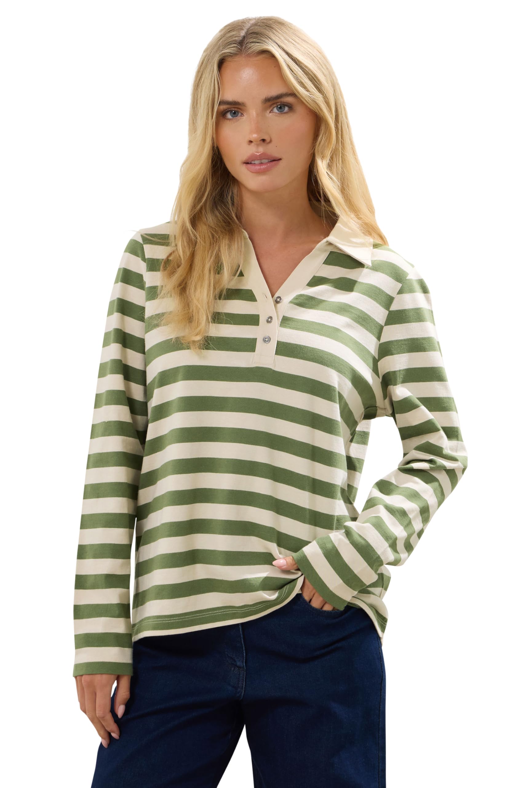 M&Co Women's Green Petite & White Stripe Cotton Polo Shirt