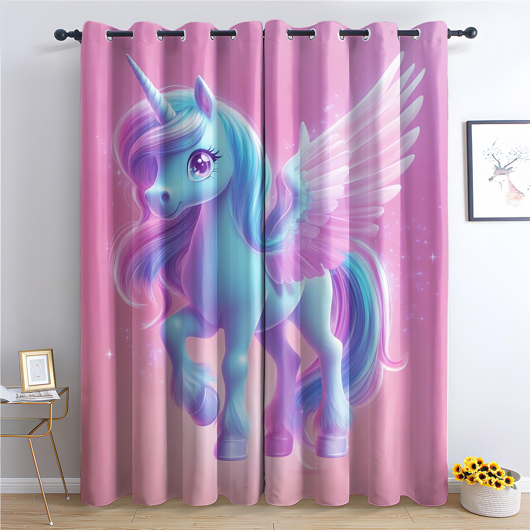 Luxfieo Einhorn Vorhänge Mädchen Cartoon Regenbogen Einhorn Vorhang Blickdicht Gardinen Verdunklungsvorhänge mit Ösen Thermovorhang für Wohnzimmer Schlafzimmer Fenster 2er Set H 160 x B 132 cm T#193