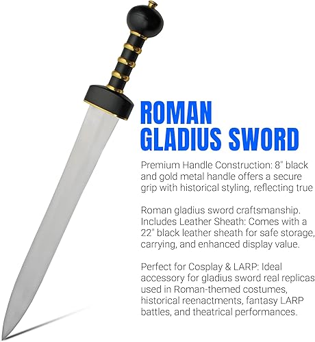 Miniatura 3 de Szco Supplies Espada de batalla de Gladius romana de 28 pulgadas con vaina de cuero, negro/dorado
