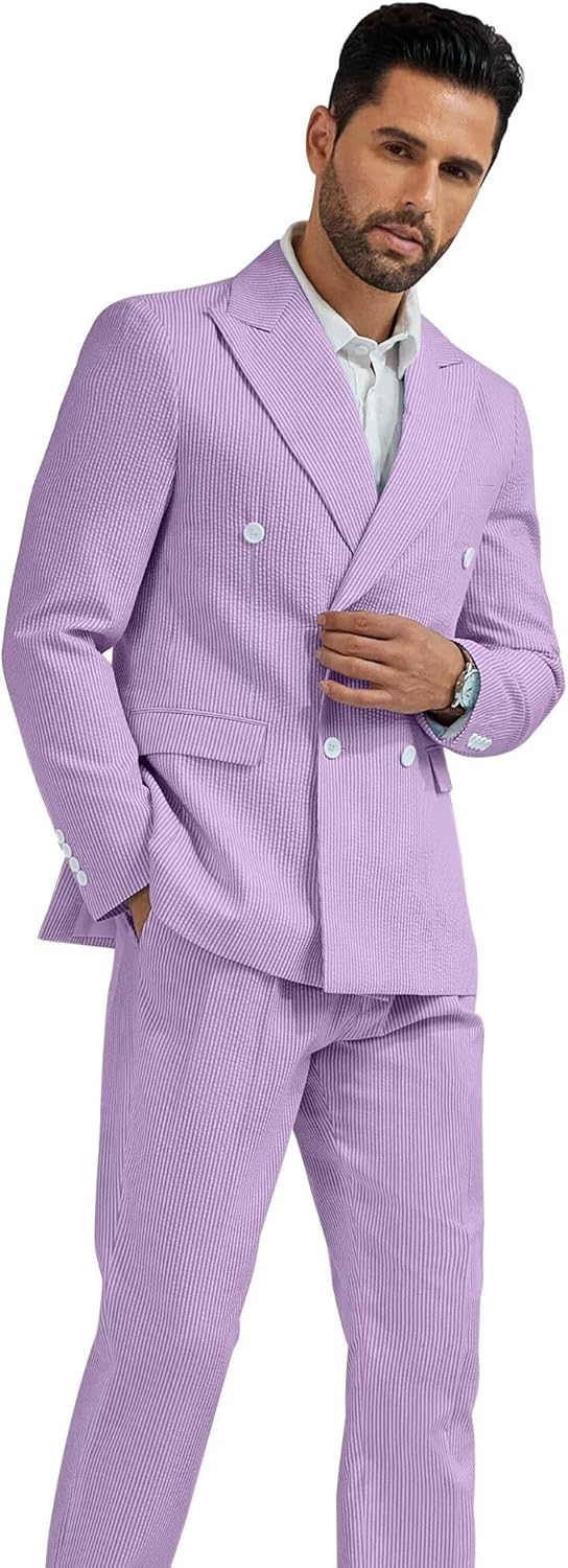 High-End Suits Men's Striped Seersucker Suits 2 Piece Slim Fit Wedding Double Breasted Tuxedo Summer Beach Suits Sets