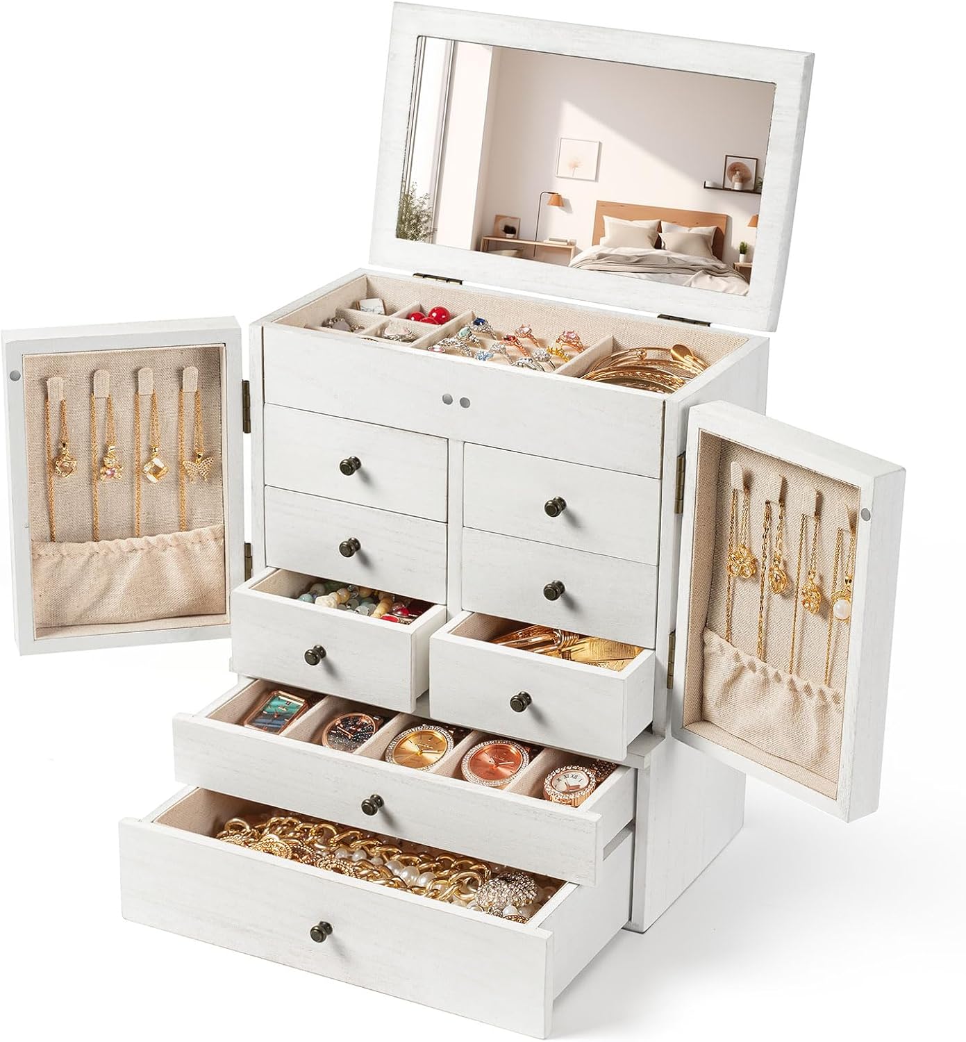 Emfogo Jewelry Box for Women Wooden Jewelry Boxes & Organizers 6-Layer Rustic Latest Large Jewelry Organizer Box with Mirror & 8 Drawers for Rings Earrings Necklaces Bracelets Women Girls Gifts