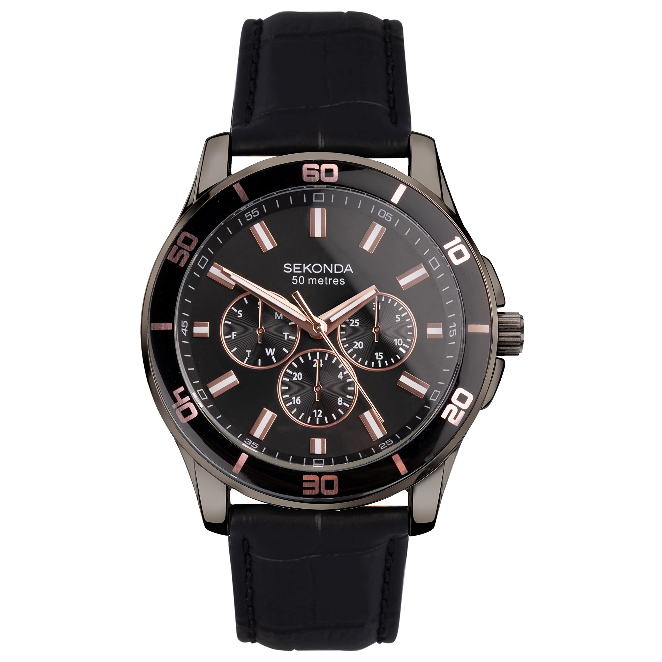 Sekonda Midnight Men’s 44mm Quartz Watch in Black with Analogue Display, and Black Leather Strap 30026