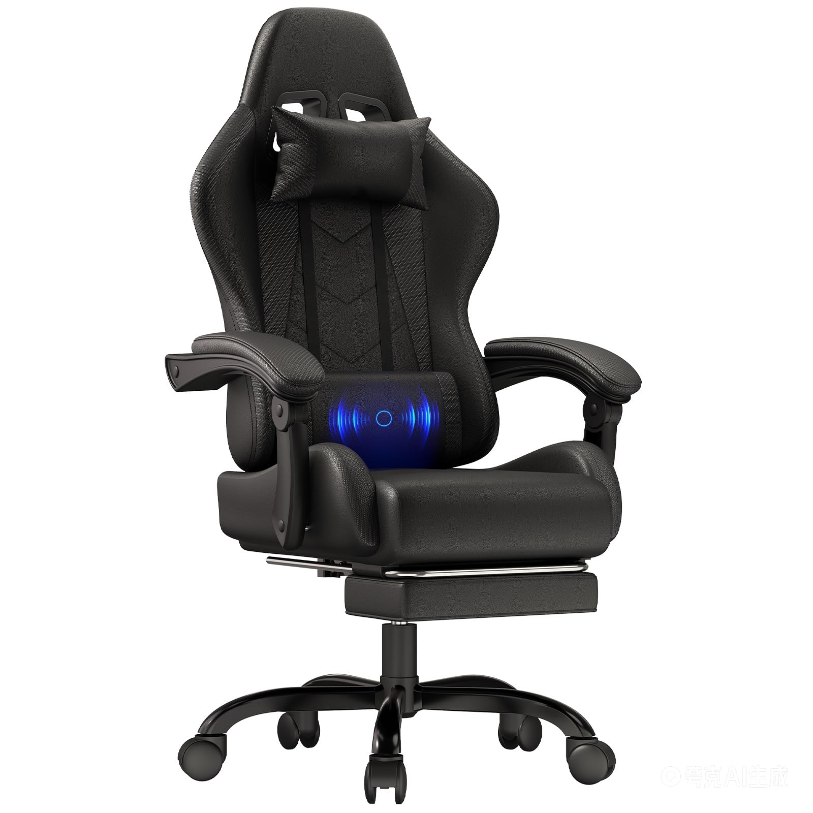 JUMMICO Chaise Gaming avec Coussin de Massage, Fauteuil Gaming Ergonomique avec Coussin Lombaire Massant, Chaise Bureau Gaming avec Dossier Réglable de 90 à 150° et Repose-Pieds, 150 kg, Noir