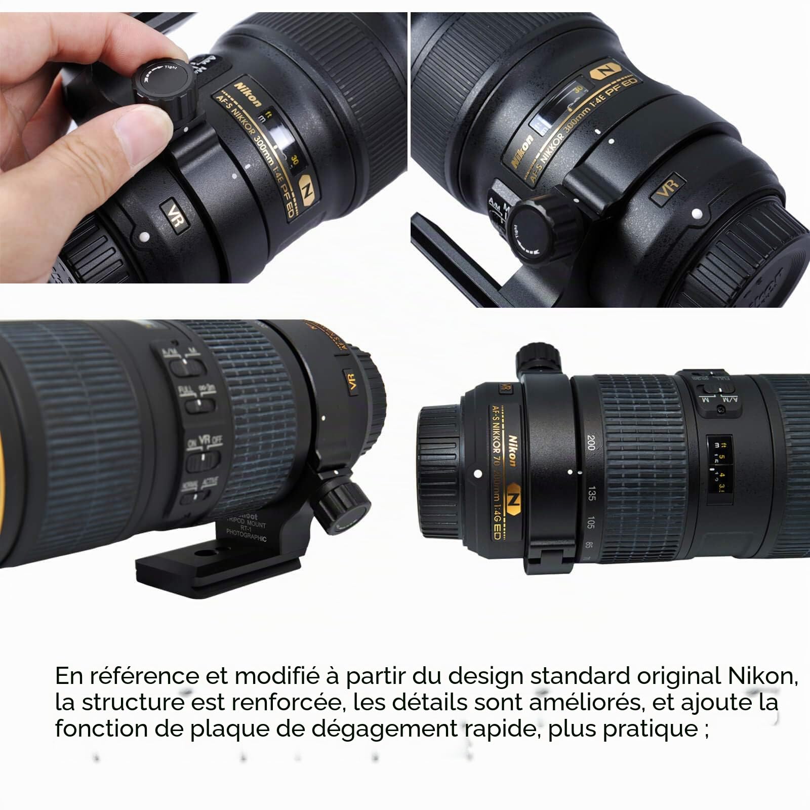 iShoot Bague de fixation pour trépied pour Nikon RT-1 Nikkor AF-S 300 mm F/4E PF ED VR & AF-S 70-200 mm F/4G ED VR, plaque de dégagement rapide inférieure compatible avec Arca-Swiss 39 mm Fit Ballhead