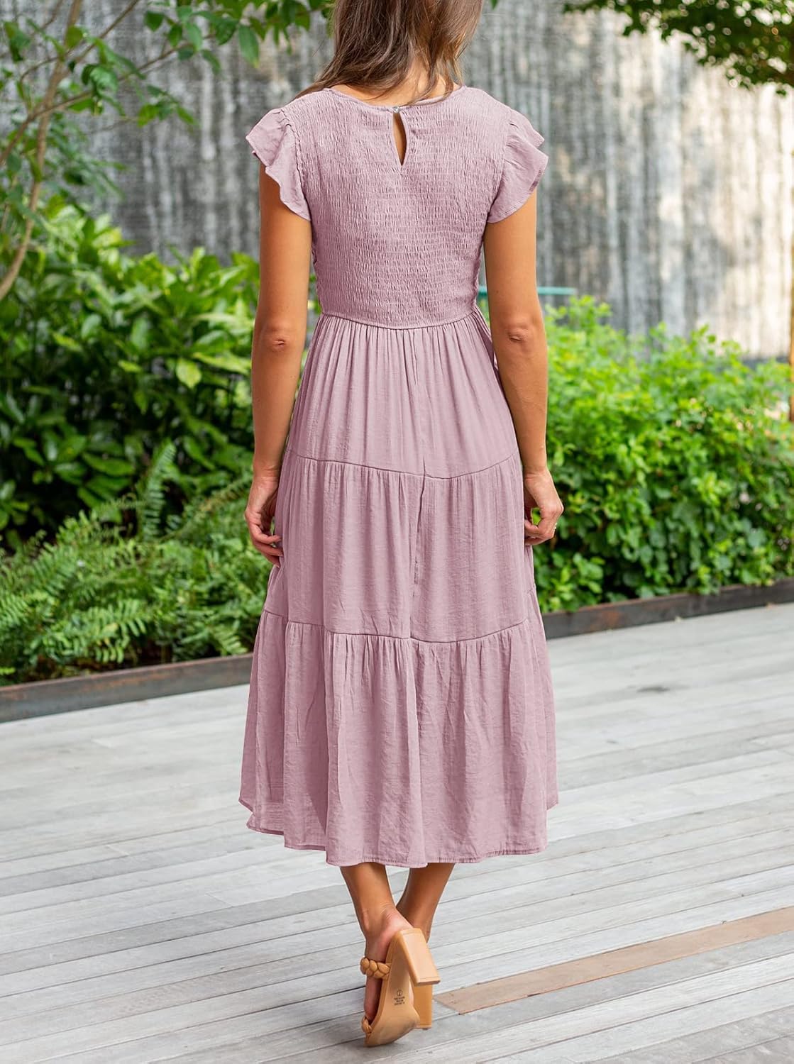 MEROKEETY Women's Flutter Short Sleeve Smocked Midi Dress Summer Casual Tiered A-Line Dress - Image 5