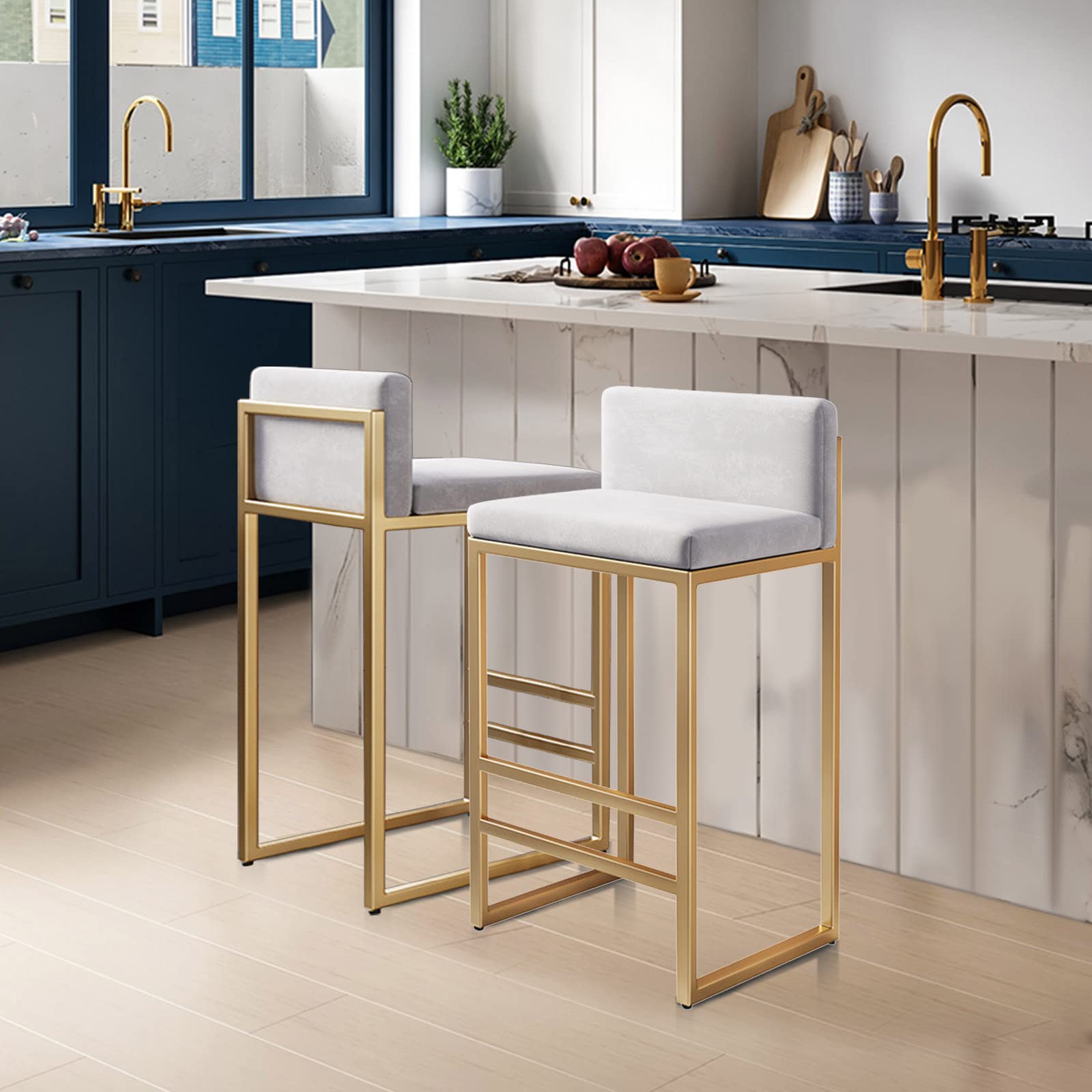 Lot de 3 tabourets de Bar de Cuisine, tabourets de comptoir en Velours, Chaise de Bar rembourrée avec Dossier et Repose-Pieds pour la Maison, la Cuisine, la Salle à Manger, Blanc, 65 cm