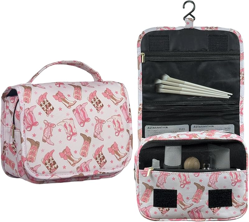 Necessaire suspensa de viagem Crazy Bison com estojos e organizador para cosméticos, Cowboy Boots with Bow