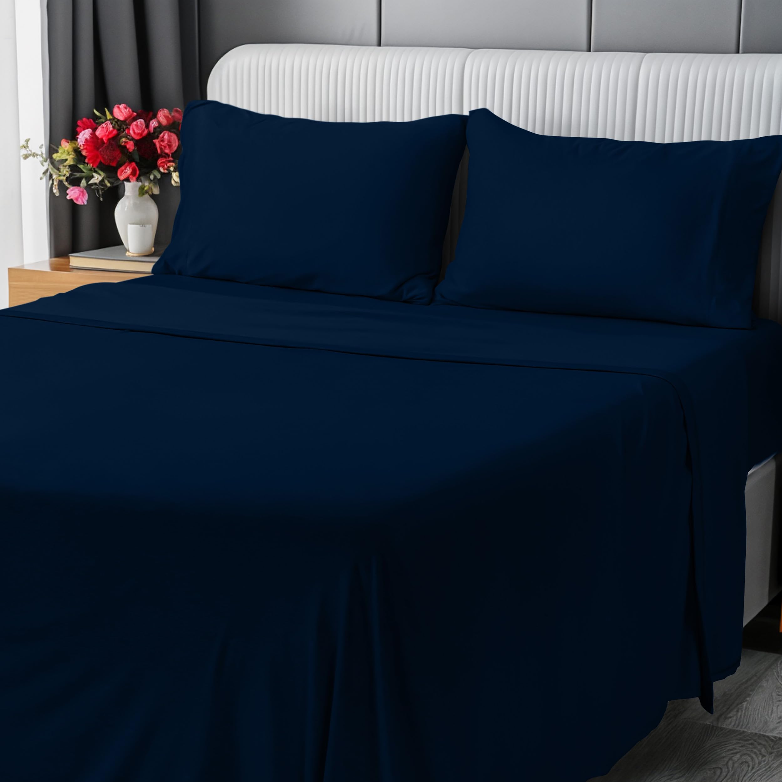 Utopia Bedding Queen Sheet Set - Jersey Knit Sheets 4 Piece – Cotton – Soft T-Shirt Stretchy Sheets (Queen, Navy)
