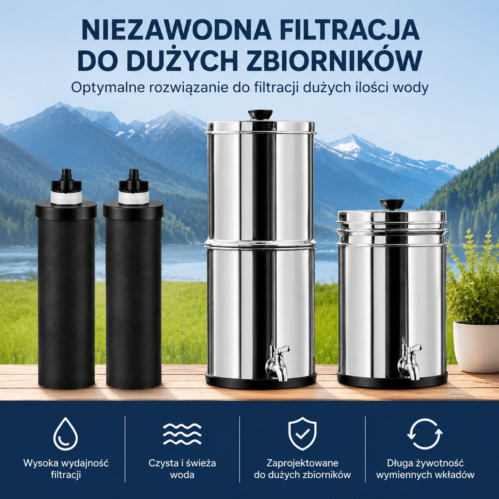 Grawitacyjny system filtracji wody, stal nierdzewna, model blatowy, górna komora 7 l, dolny zbiornik 8,5 l, 2 wkłady węglowe, kranik, kemping, kamper, dom