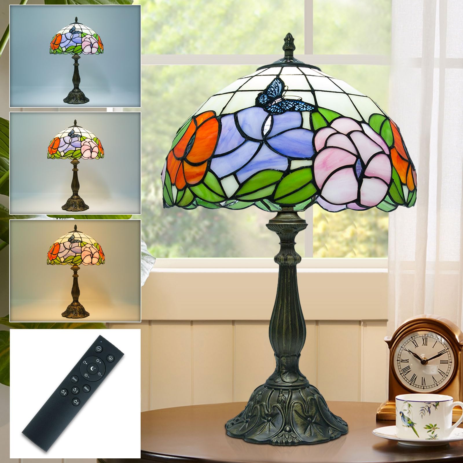 Ppbmocw Tiffany Style Lamp,Stained Glass Table Lamp for Living Room,Bedside,Bedroom,Nightstand,12 Inch Small Vintage Lights Included E27 Bulb with Remote Control (Butterflies in Spring)