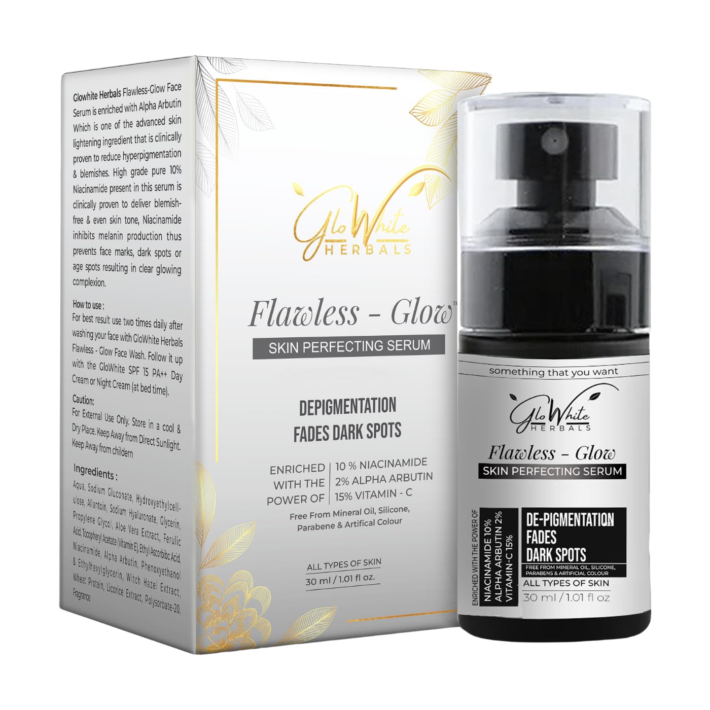 GloWhite Herbals Flawless Glow 15% Vitamin-C Face Serum With 10% Niacinamide, Hyaluronic Acid and Alpha Arbutin For Clear Glowing Skin, Reduces Dark Spots, Hydrates & Repairs skin, All Skin Type, 30ml