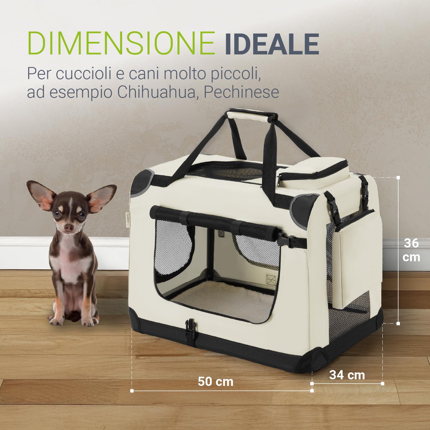 Juskys Trasportino per Cani Lassie S pieghevole e portatile 34x50x36 cm con coperta, borsa e maniglie - trasportino pieghevole per cani, gatti e animali domestici - tessuto Oxford - Beige