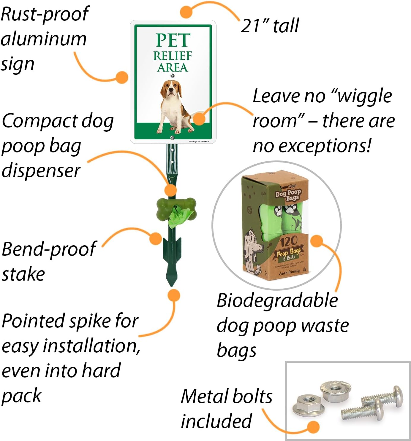 SmartSign Pet Relief Area Yard Sign & Clip-On Preloaded Dispenser Combo/Kit with 135 Dog Poop Waste Bags, 7"x10" Rust-proof Aluminum Sign with 18-inch Steel Stake