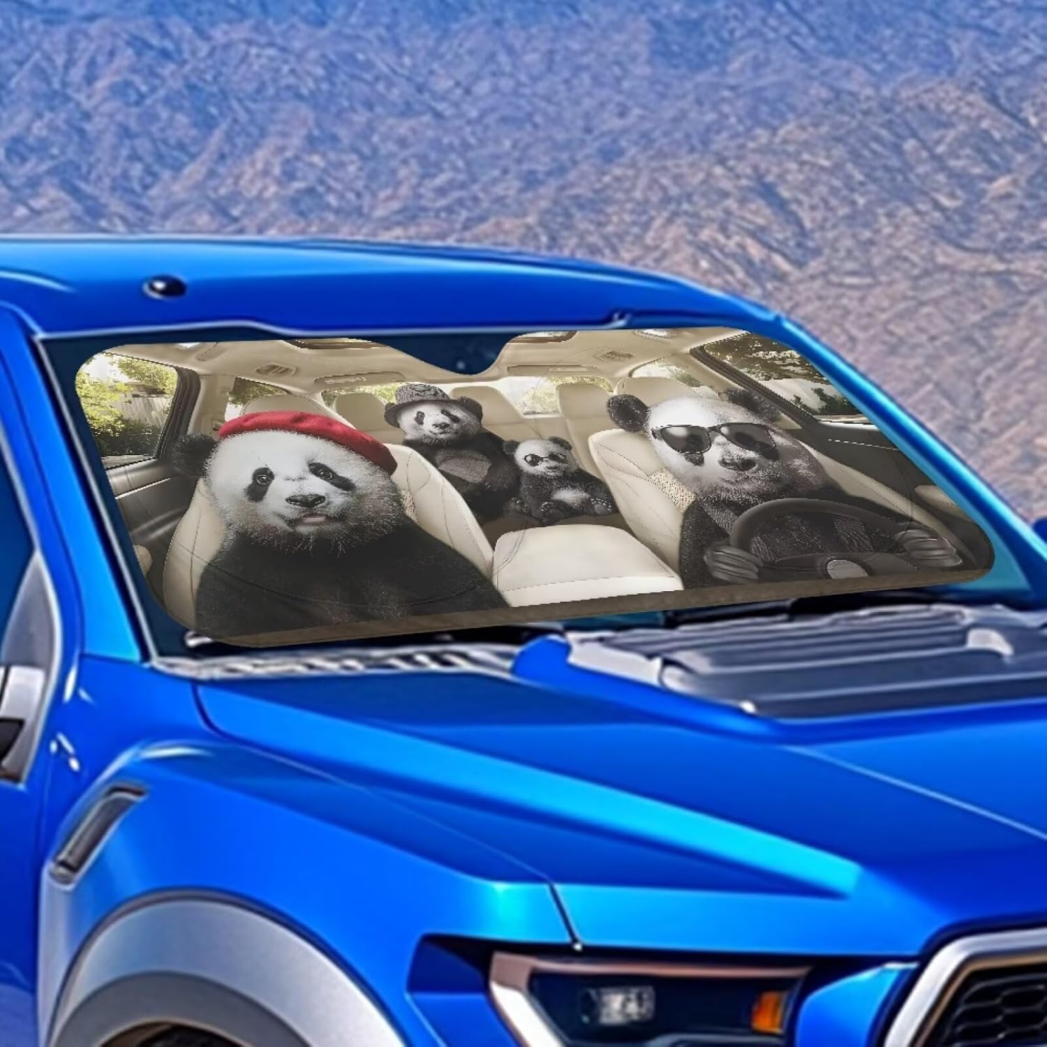 Panda Print Windshield Cover Unique Car Sun Shade with Storage Pouch Easy to Install Automotive Windshield Sunshade for SUV Vehicle Sedan Truck Gift for Holiday