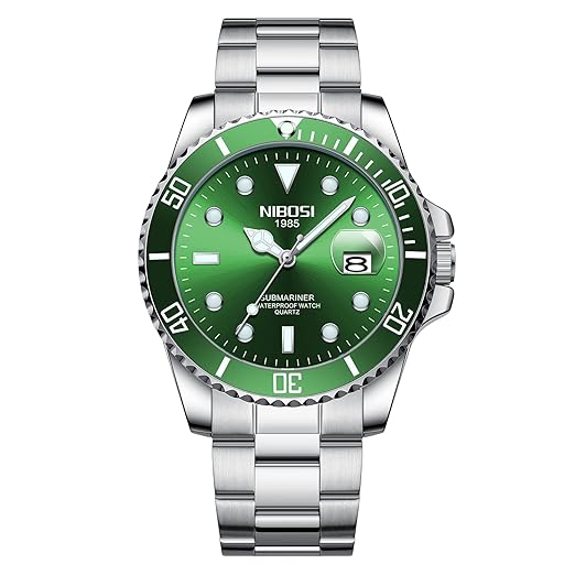 NIBOSI Men's Watches Analog Quartz Green Dial Stainless Steel Watches for Men Waterproof Sport