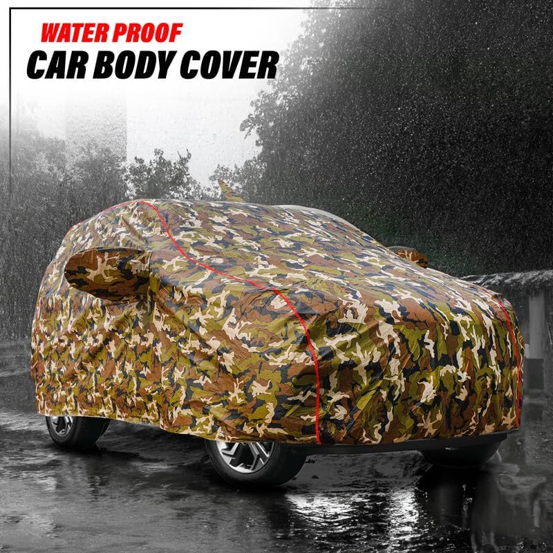 Image of Waterproof Car Cover for Maruti Wagon-R 2011-2017 Ultimate Protection-Mirror & Antenna, Soft Cotton Lining Inside, Triple Stitched,Full Bottom Elastic (Army Green with Red Piping)