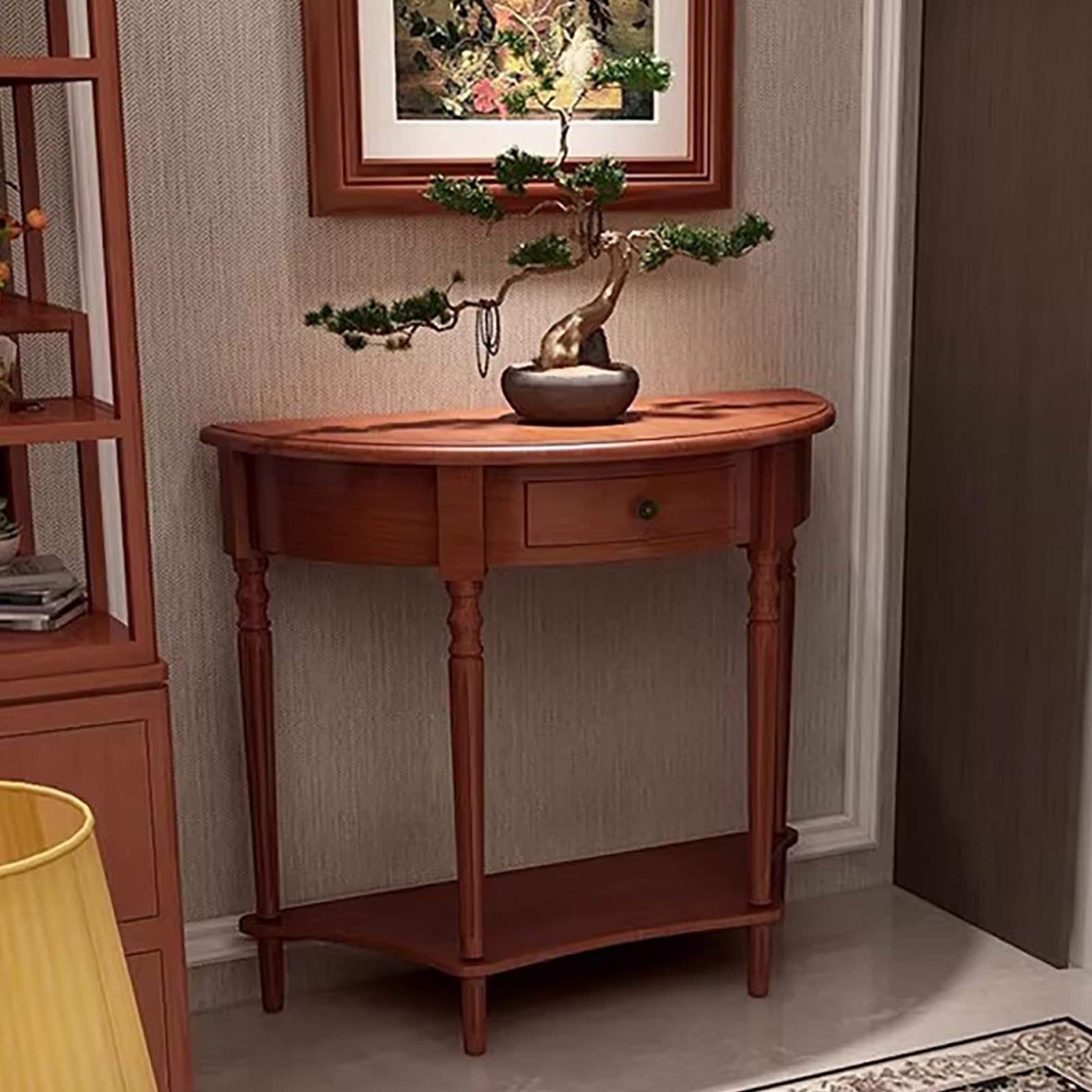 Półksiężyc retro stół konsolowy z litego drewna, stół wejściowy z szufladami, stylowy stolik na sofę do przedpokoju i salonu (czerwony, 90 x 35 x 88 cm)