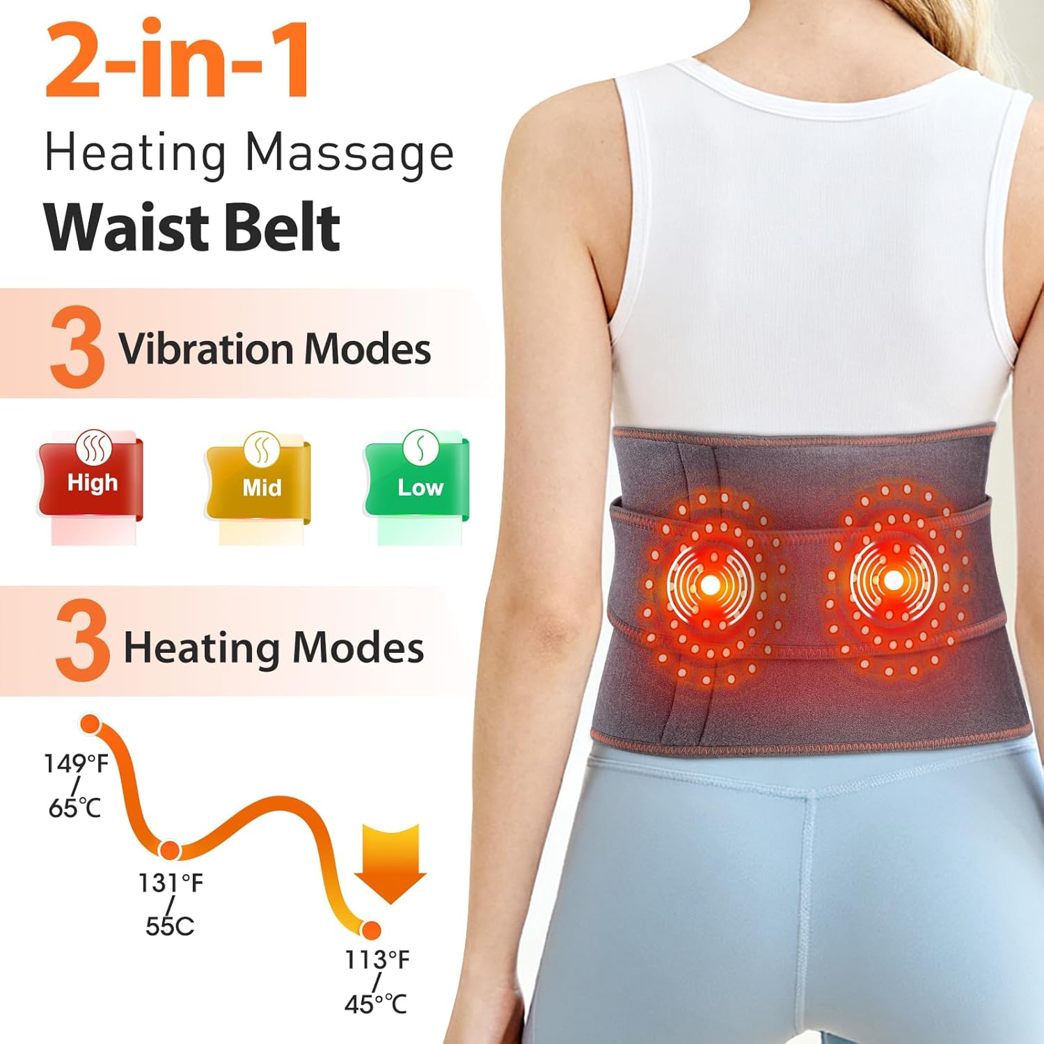 Cordless Heating Pad for Lower Back, Heated Waist Massager, Red Light Therapy Belt for Body, Adjustable Electric Heating Wrap for Waist, Abdomen, with 3 Heat & 3 Vibration Levels, 5000mAh Battery - Image 2